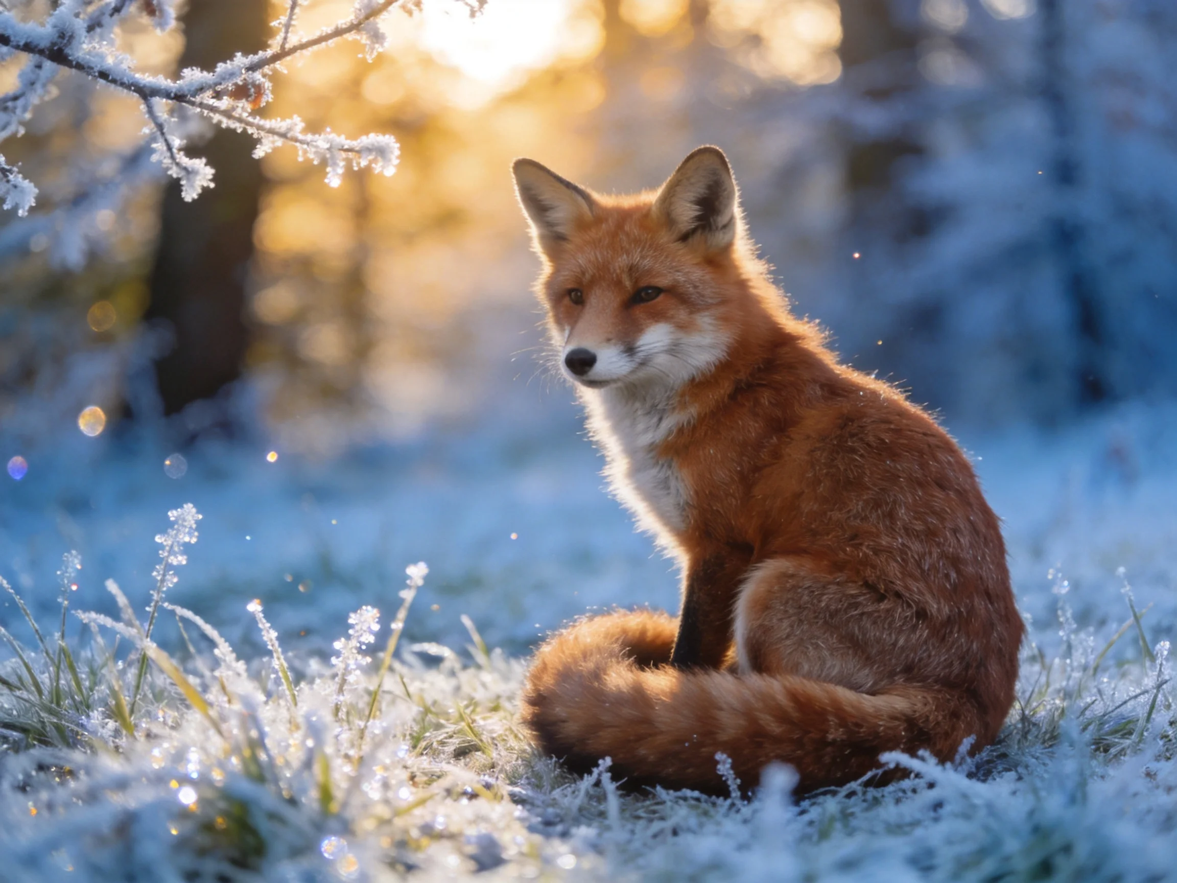 A reddish-brown fox sits amid frost-covered vegetation in a sunlit winter forest