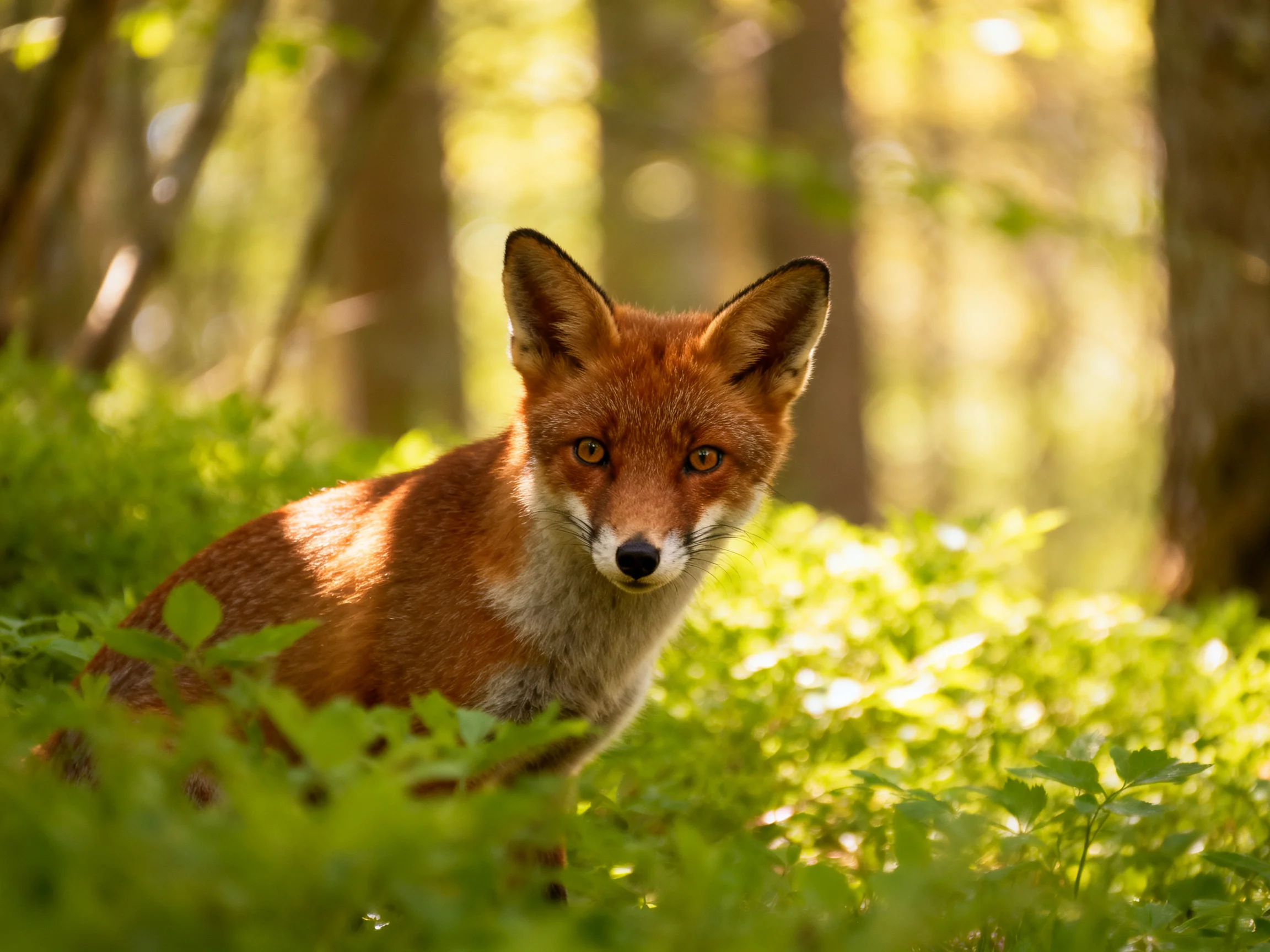 A reddish-brown fox sits among greenery in a sunlit forest.