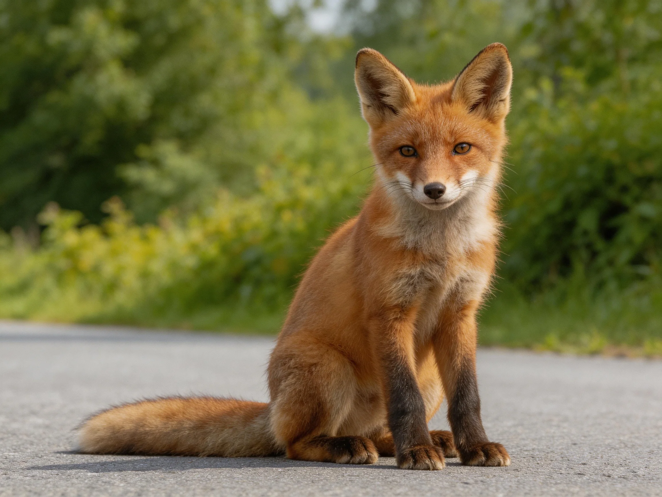 A reddish-brown fox sits calmly on a paved path near lush greenery