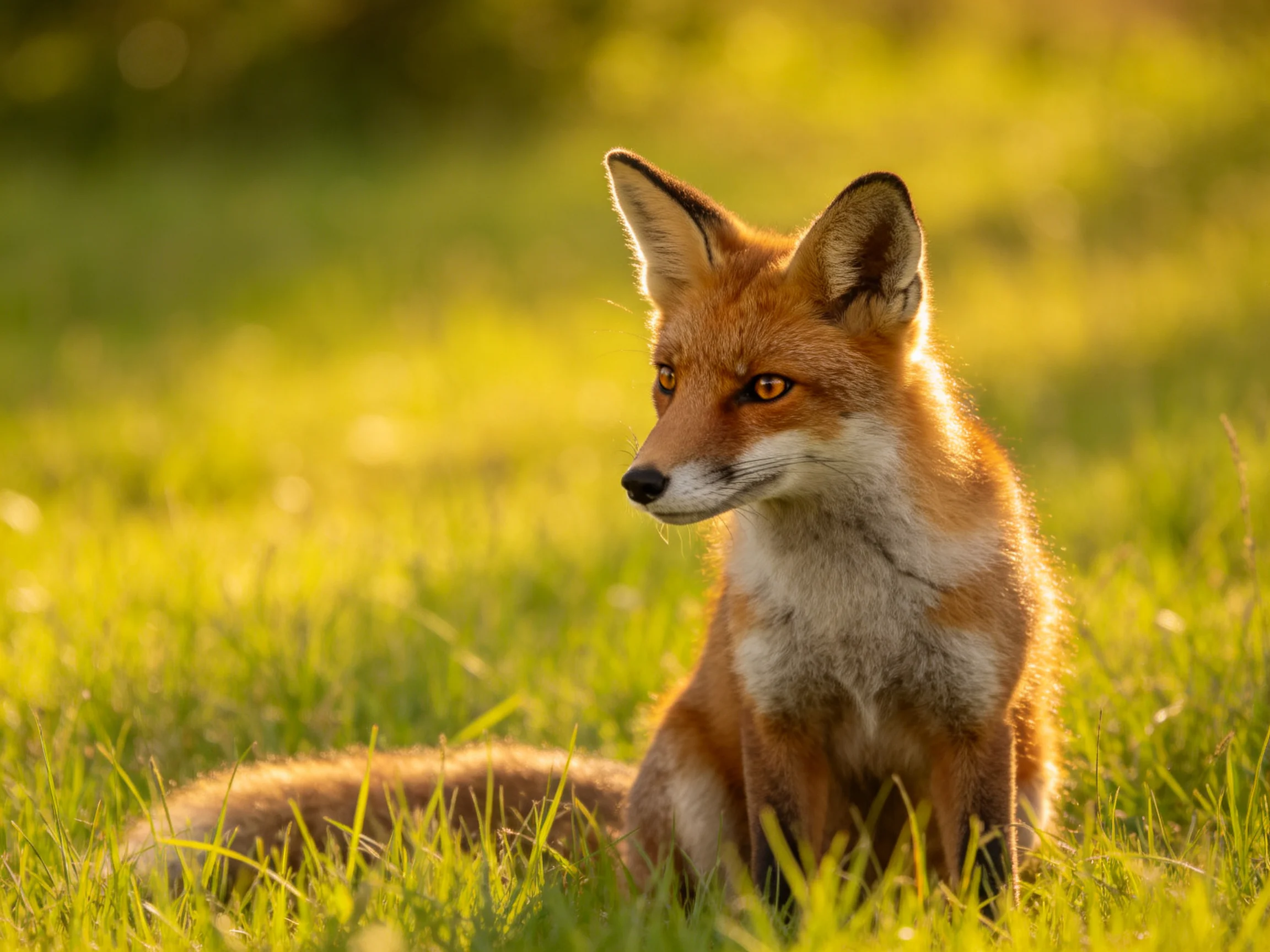 A reddish-brown fox sits in sunlit green grass