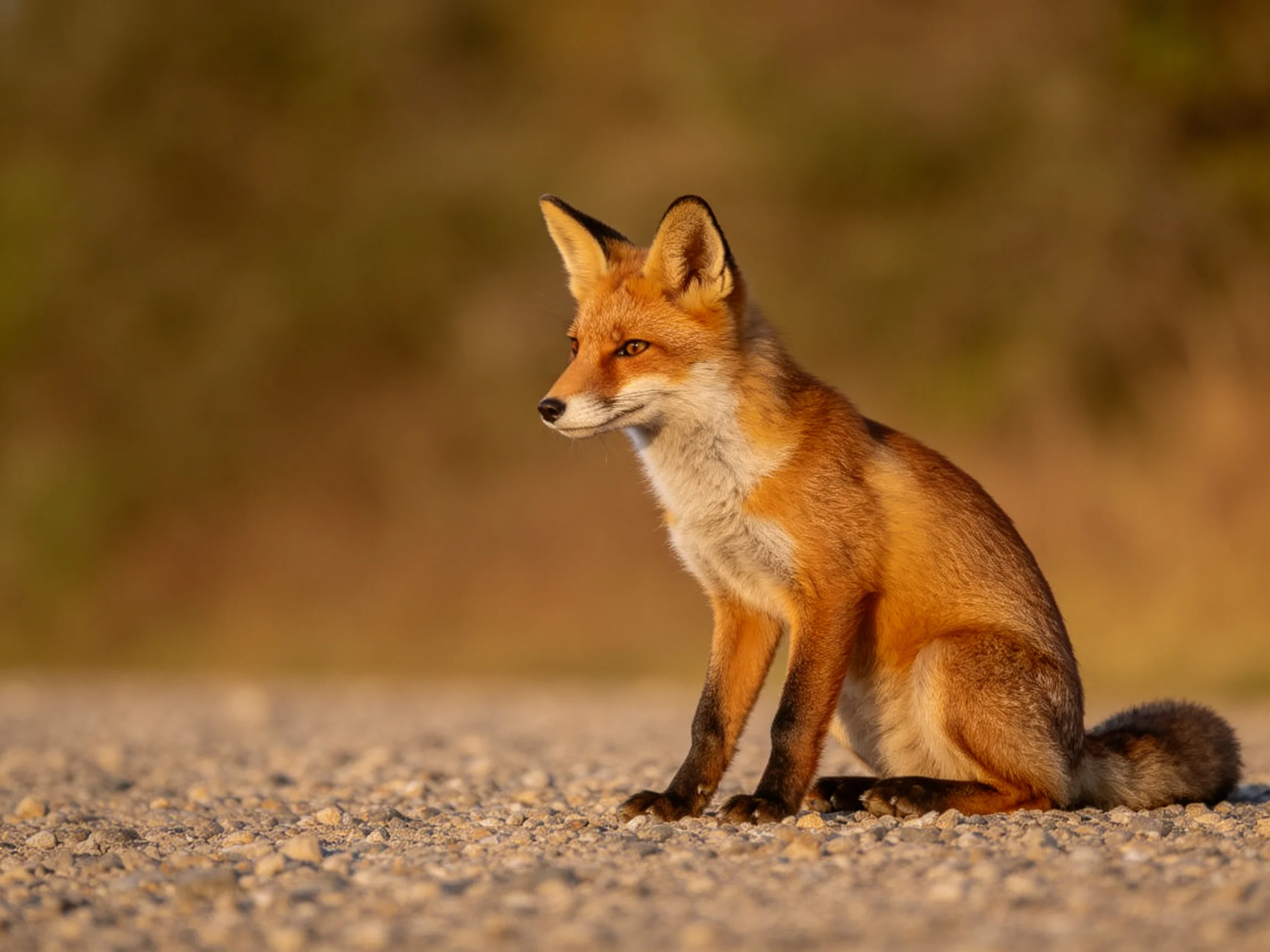 A reddish-brown fox sits on a gravel path ingolden light