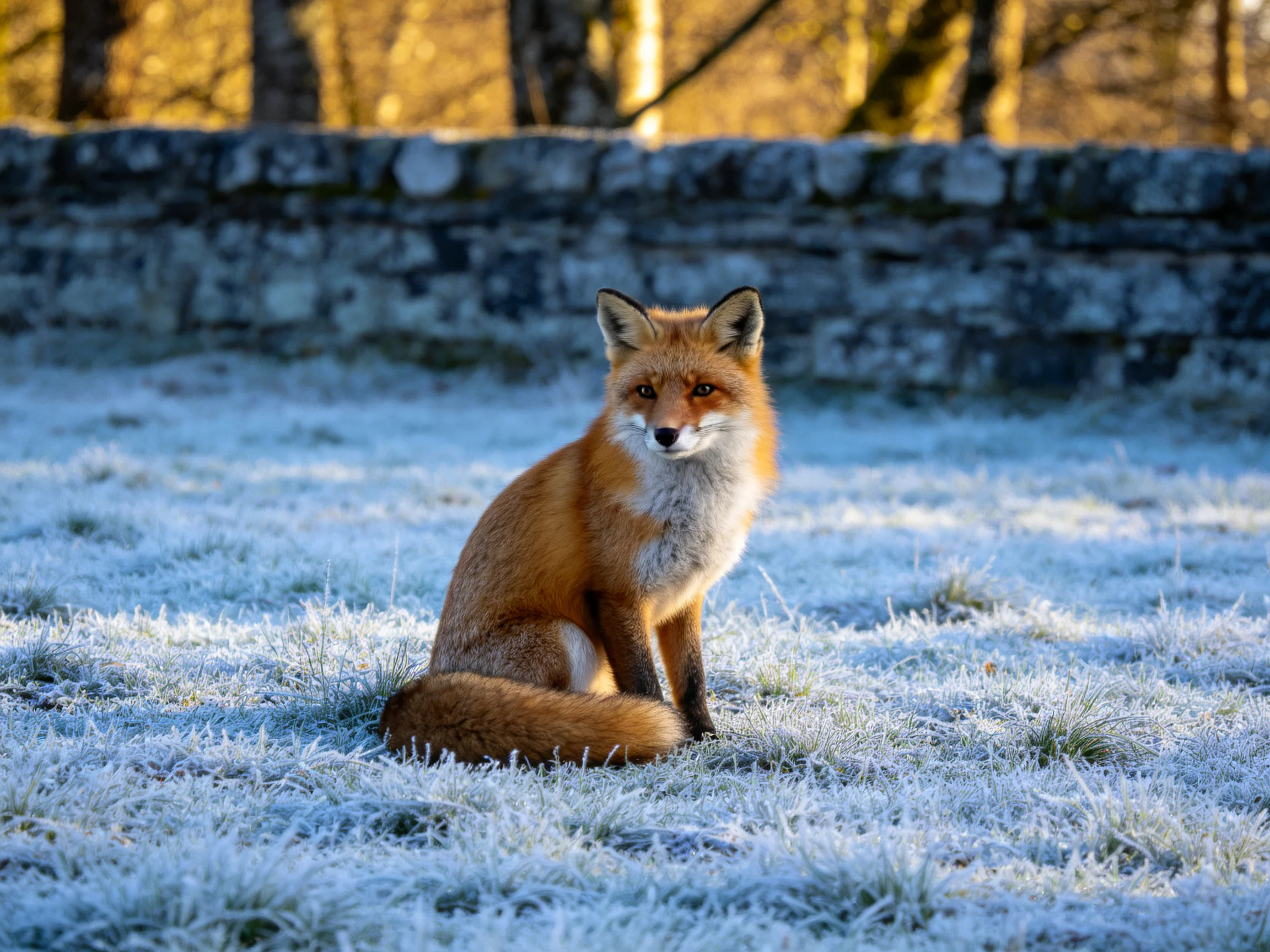 A reddish-brown fox sits on frosty grass near a stone wall