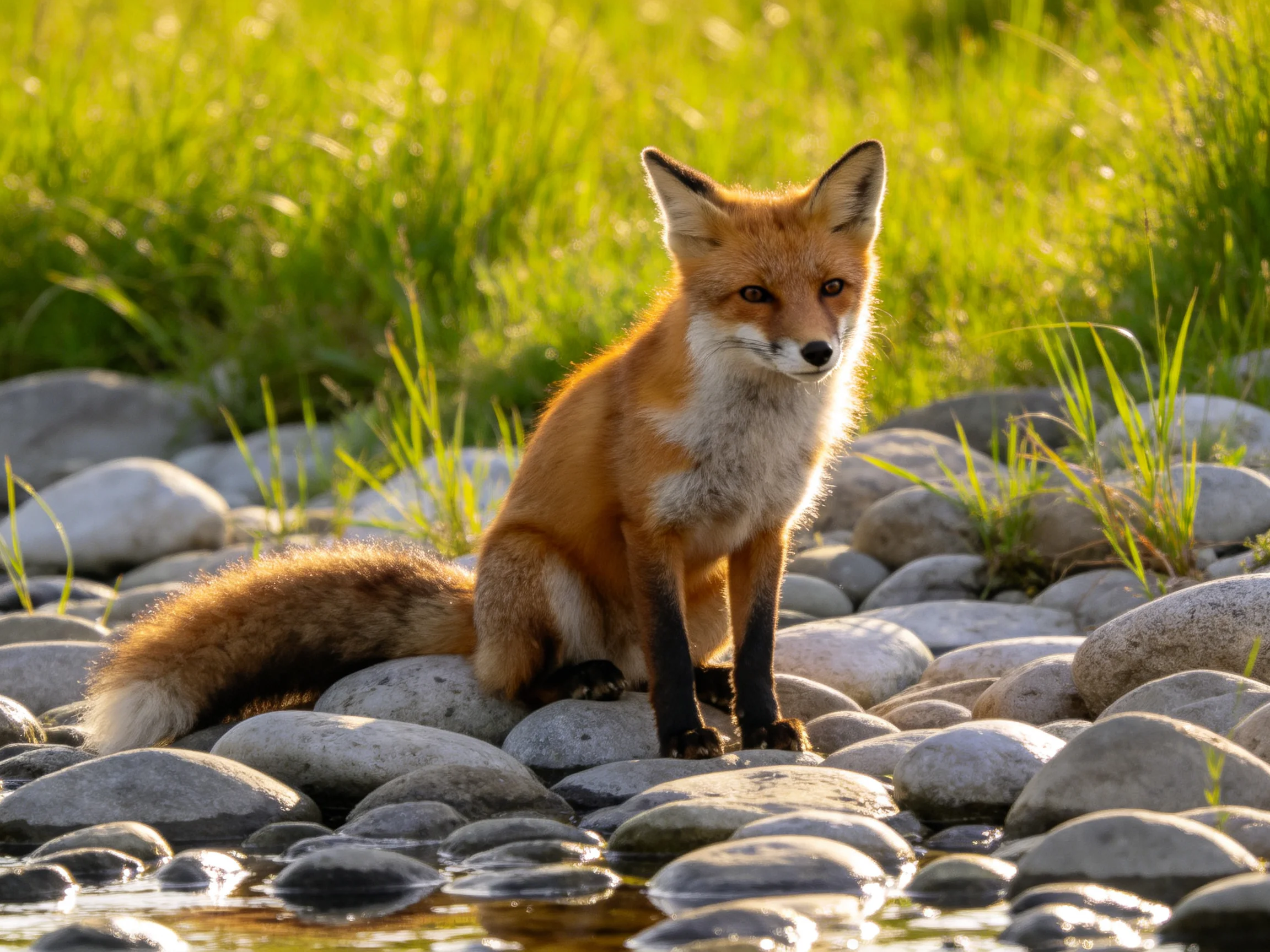 A reddish-brown fox sits on smooth gray stones amid lush green grass