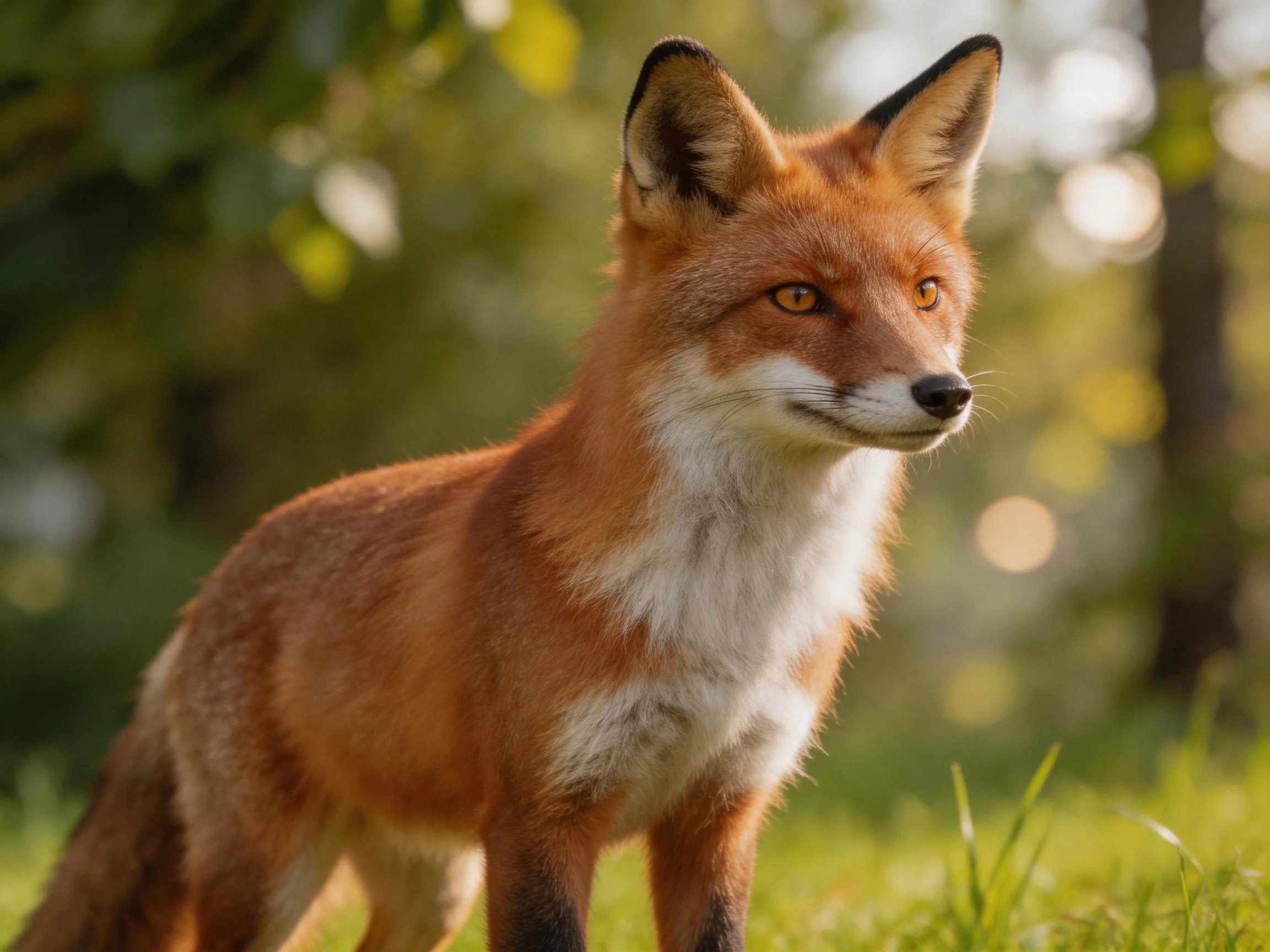 A reddish-brown fox stands alert in a sunlit forest clearing