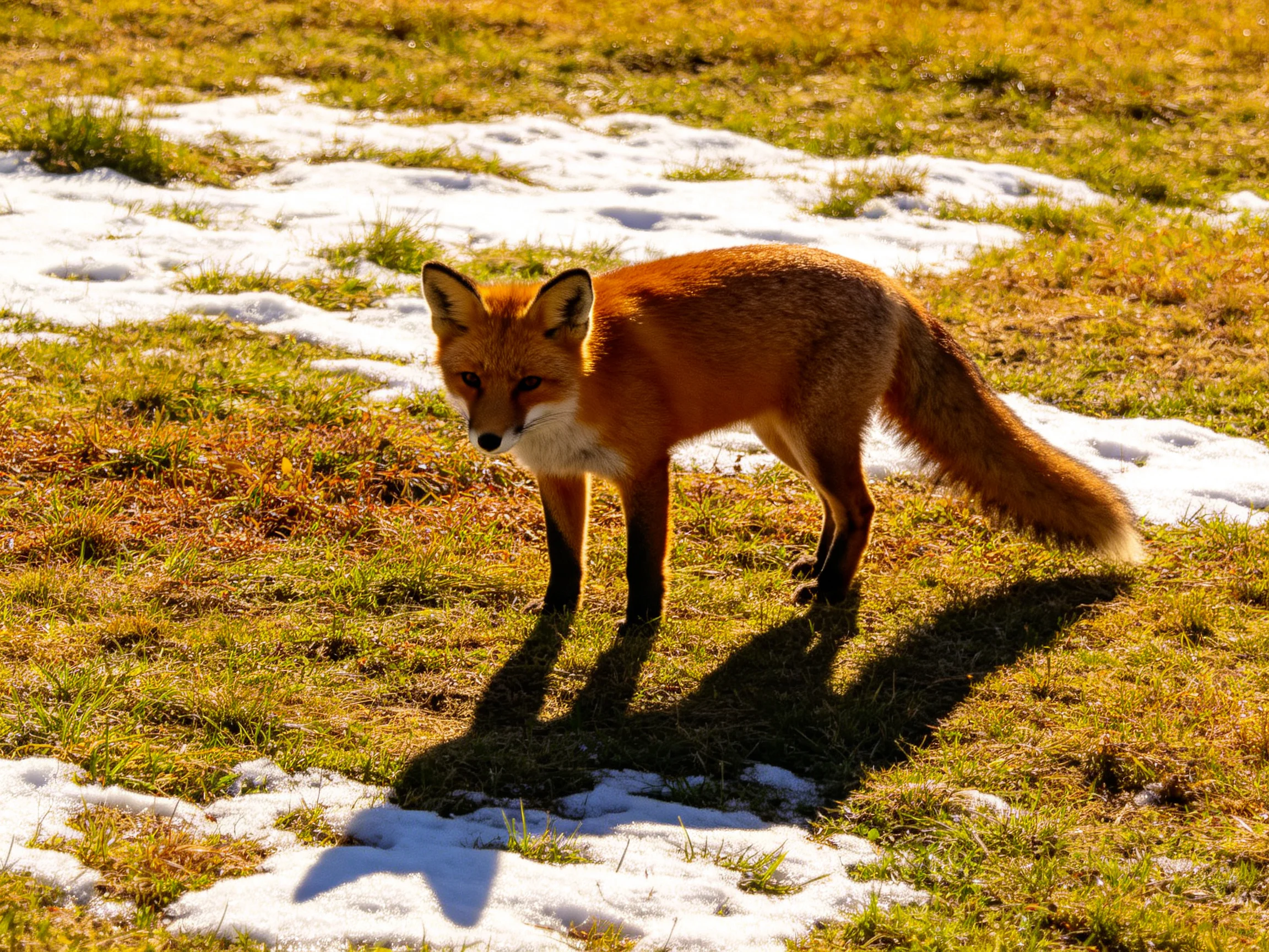 A reddish-brown fox stands on a grassy field with melting snow patches.