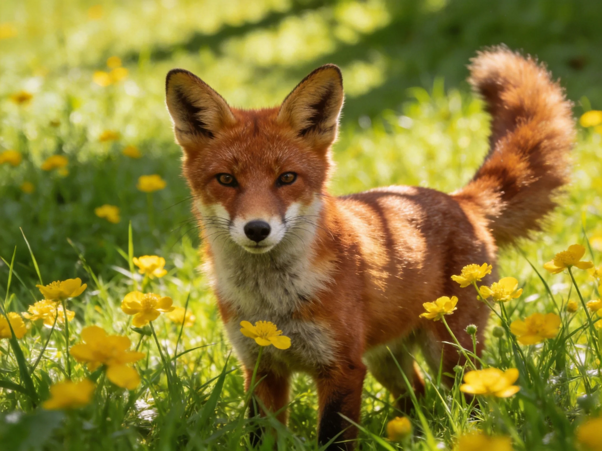 A reddish-brown fox stands among vibrant yellow wildflowers in a sunlit meadow