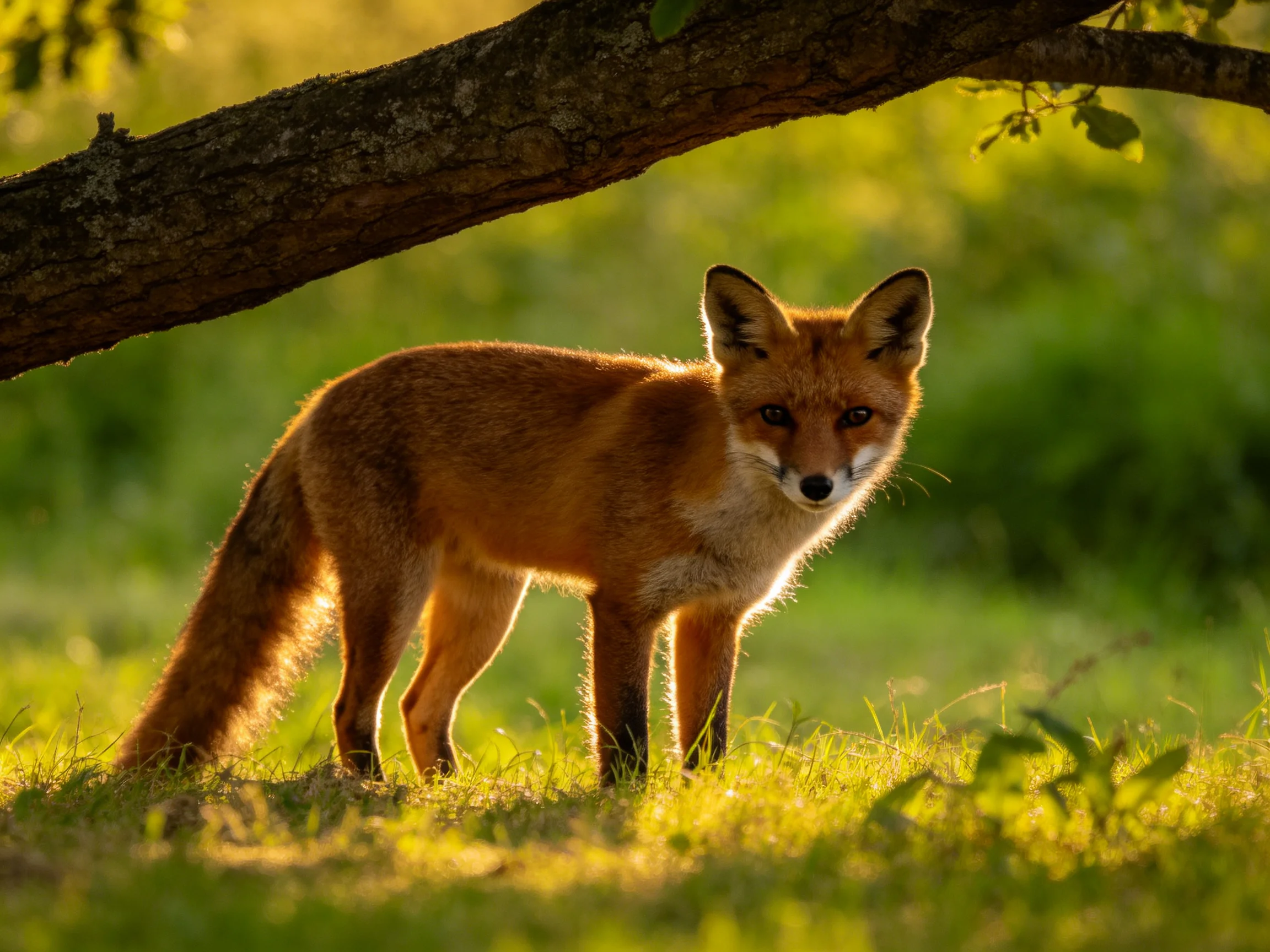 A reddish-brown fox stands in a sunlit meadow near a tree branch.