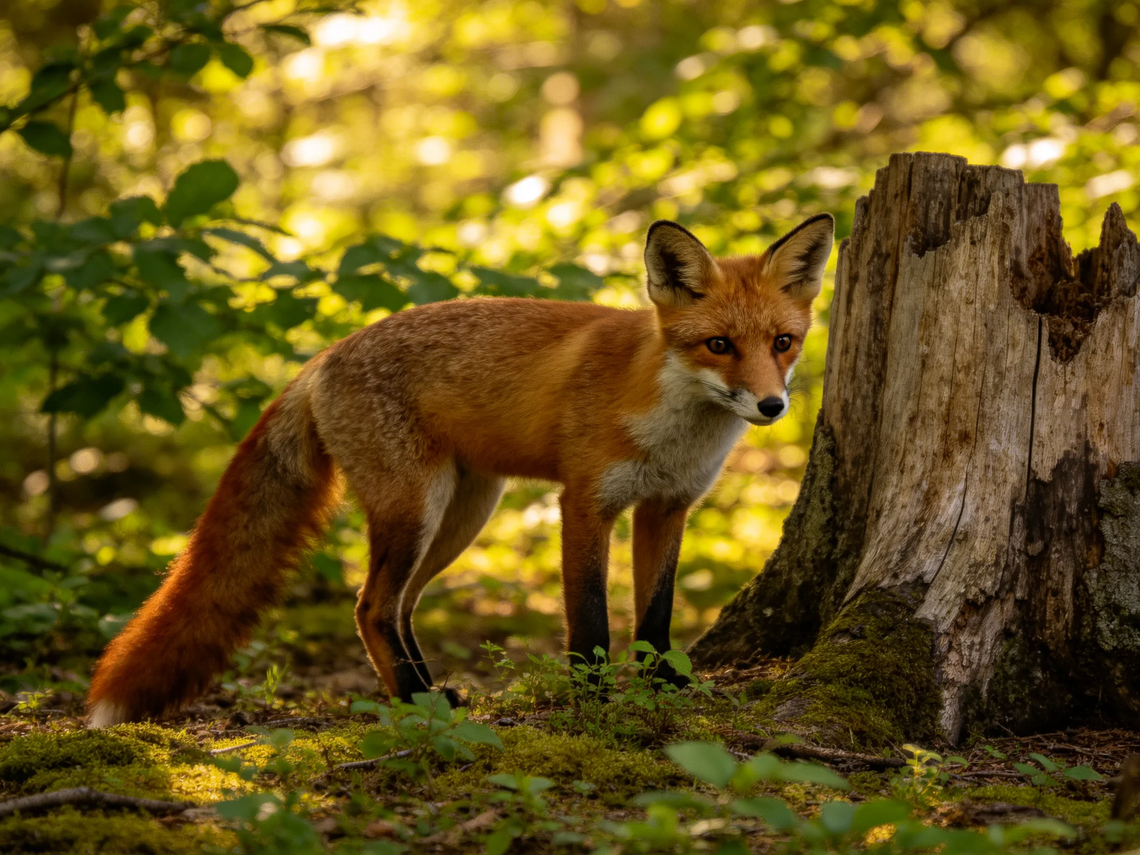 A reddish-brown fox stands beside an aged tree stump in a sun-dappled forest