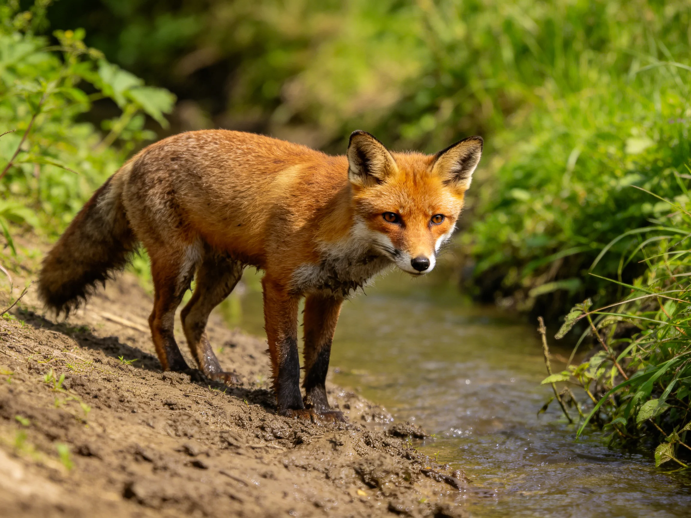 A reddish-brown fox stands near a muddy stream surrounded by lush greenery.