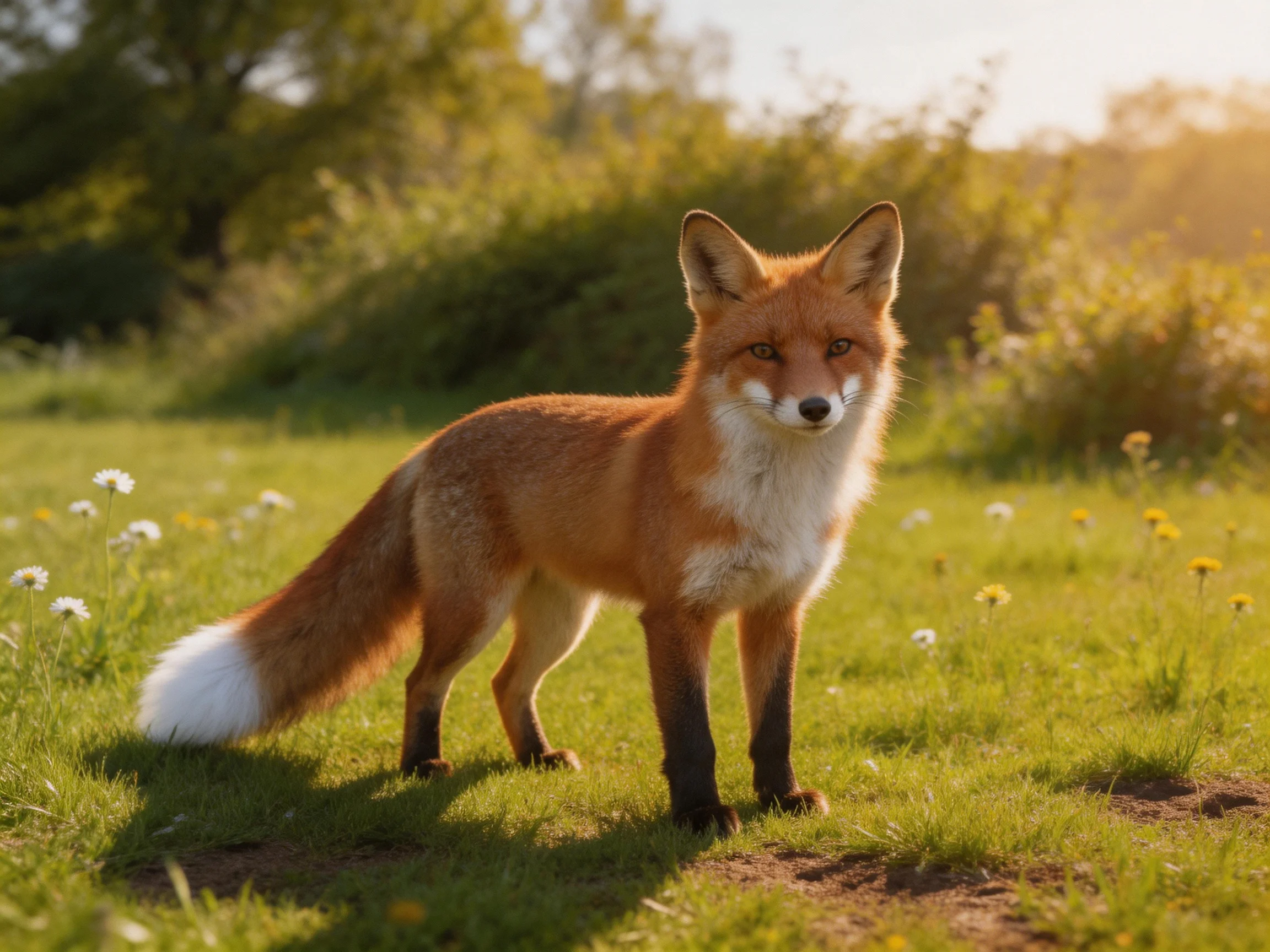 A reddish-brown fox stands in a sunlit green meadow