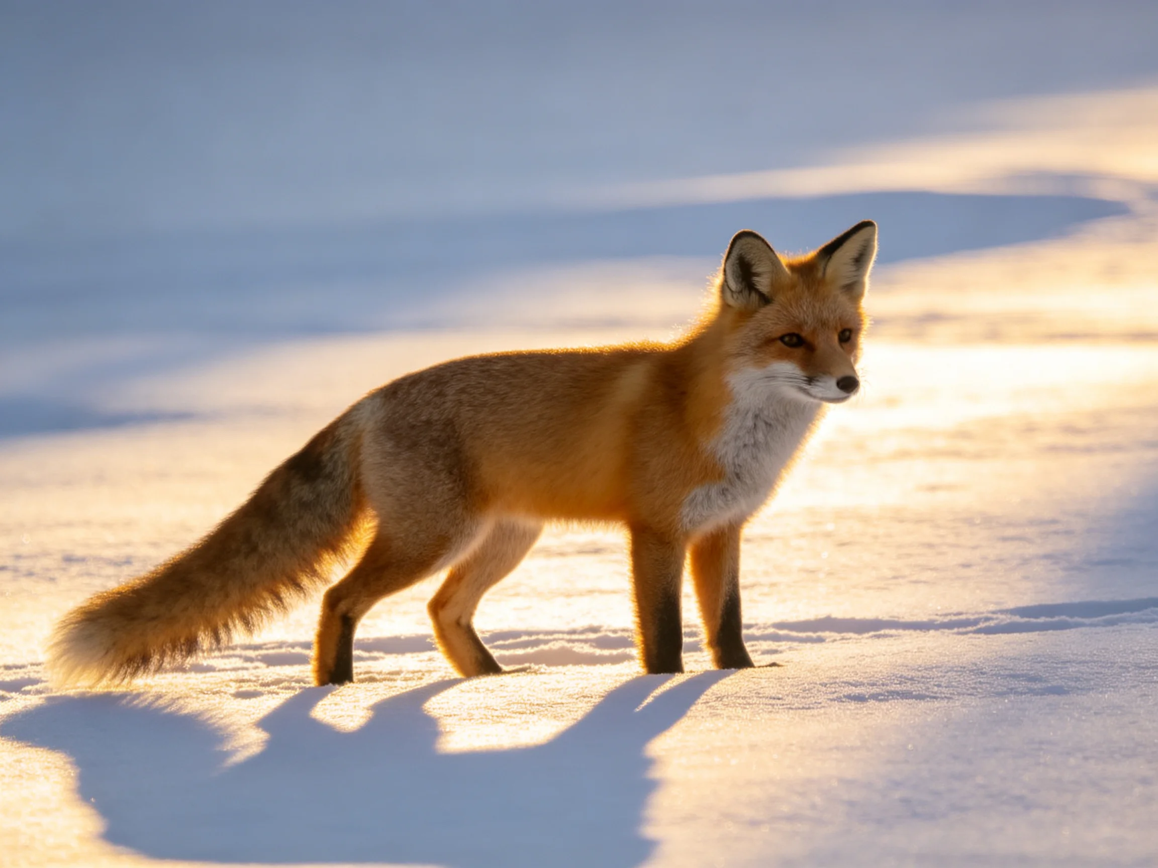 A fox stands in snow illuminated by warm sunlight