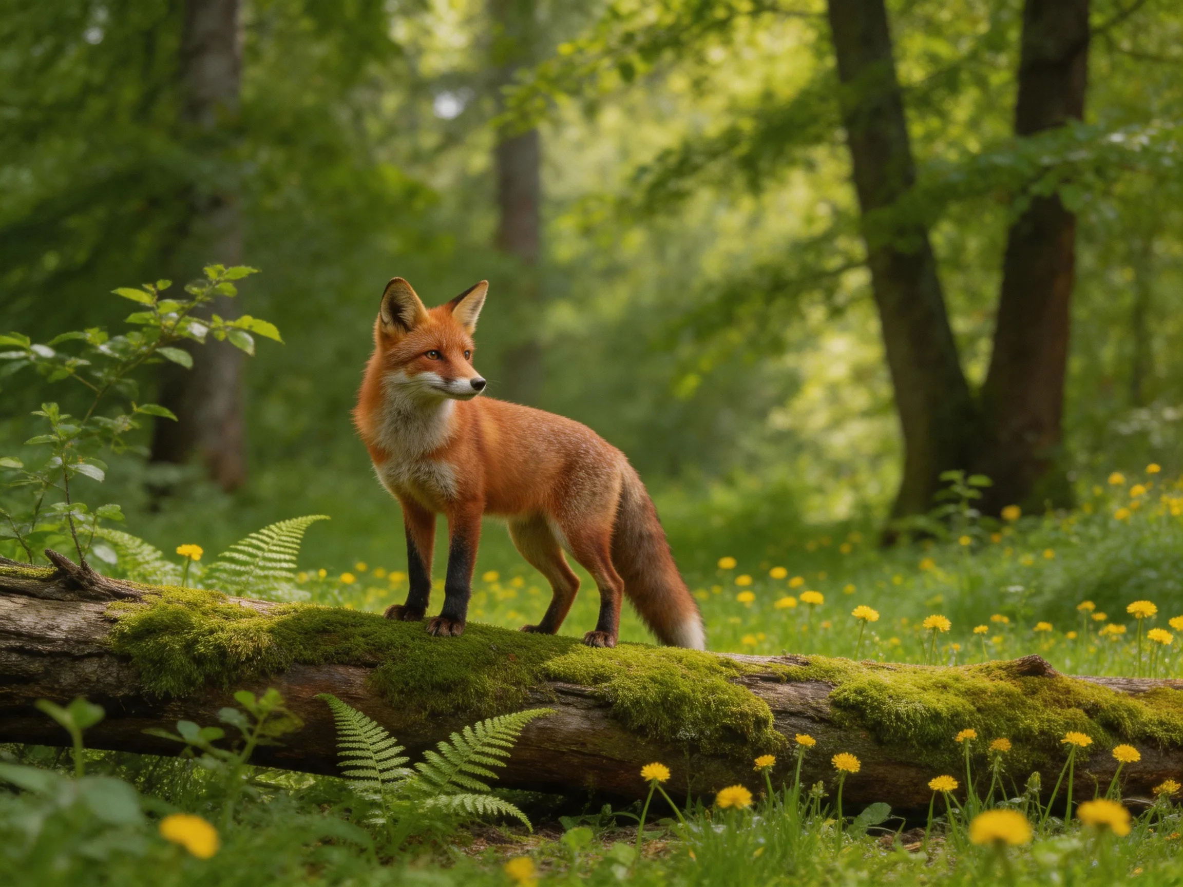 A reddish-brown fox stands on a moss-covered log in a verdant forest