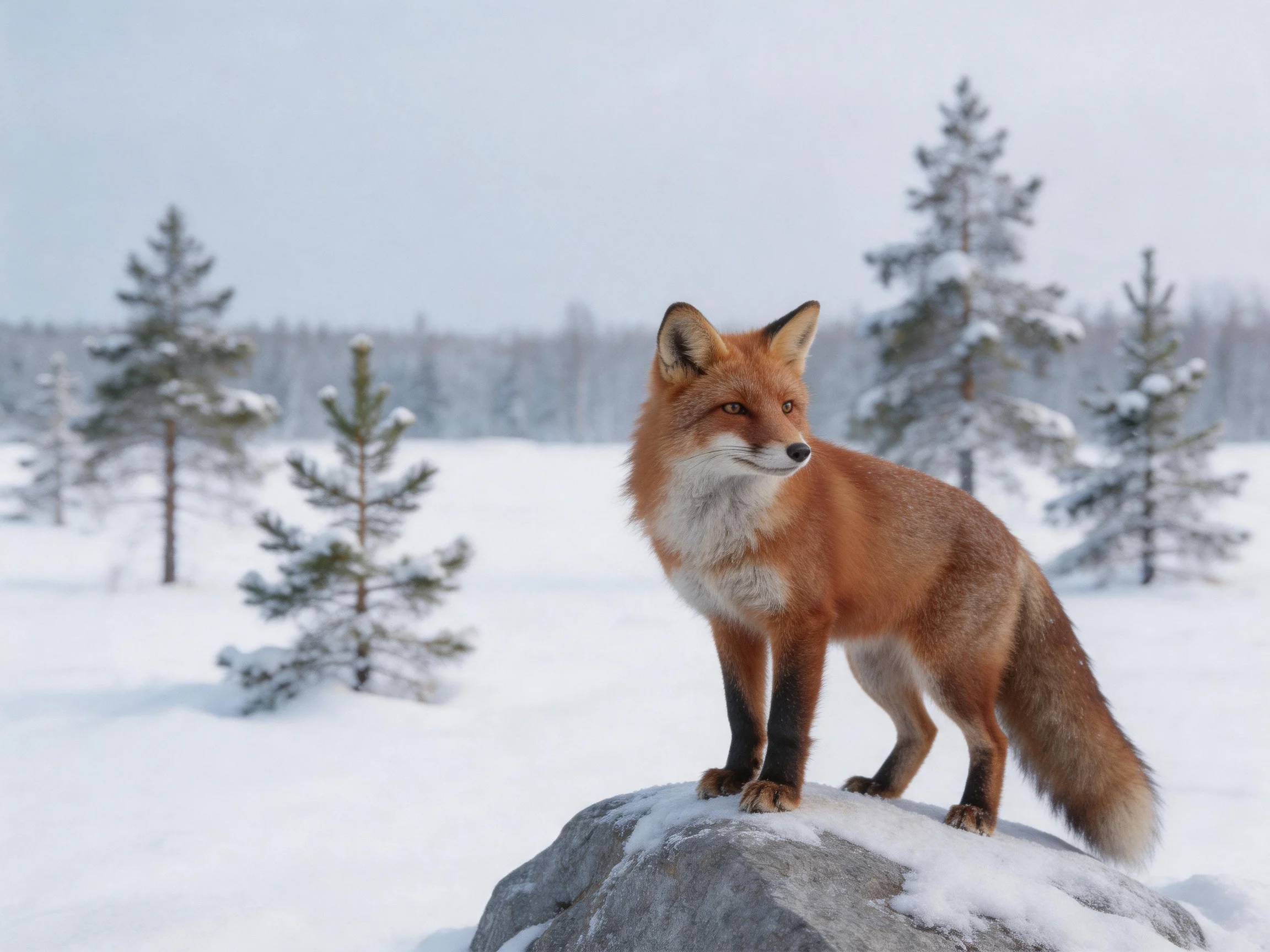 A reddish-brown fox stands on a snow-covered rock amid snowy evergreens