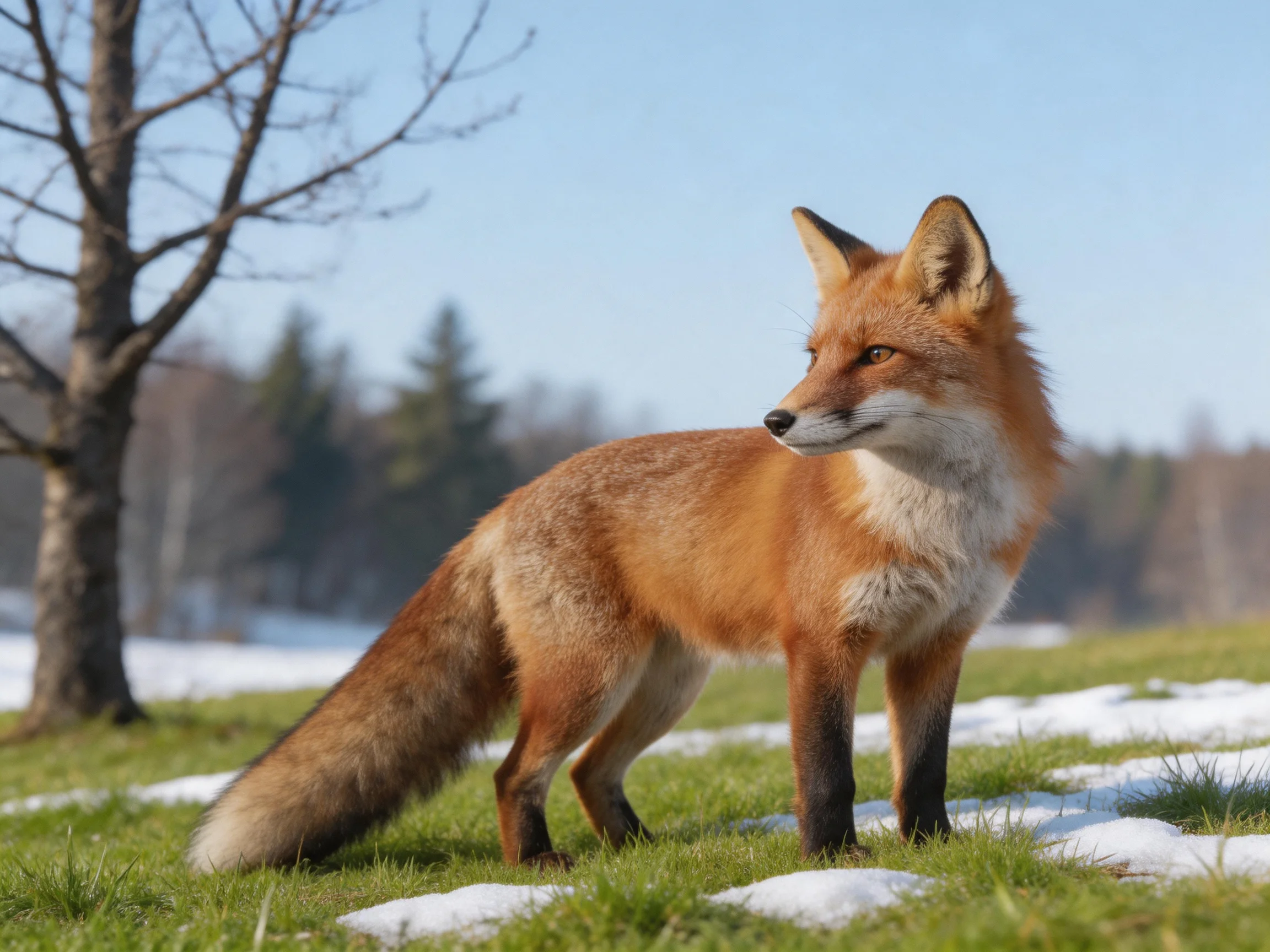 A reddish-brown fox stands on snow-dotted grass near trees.