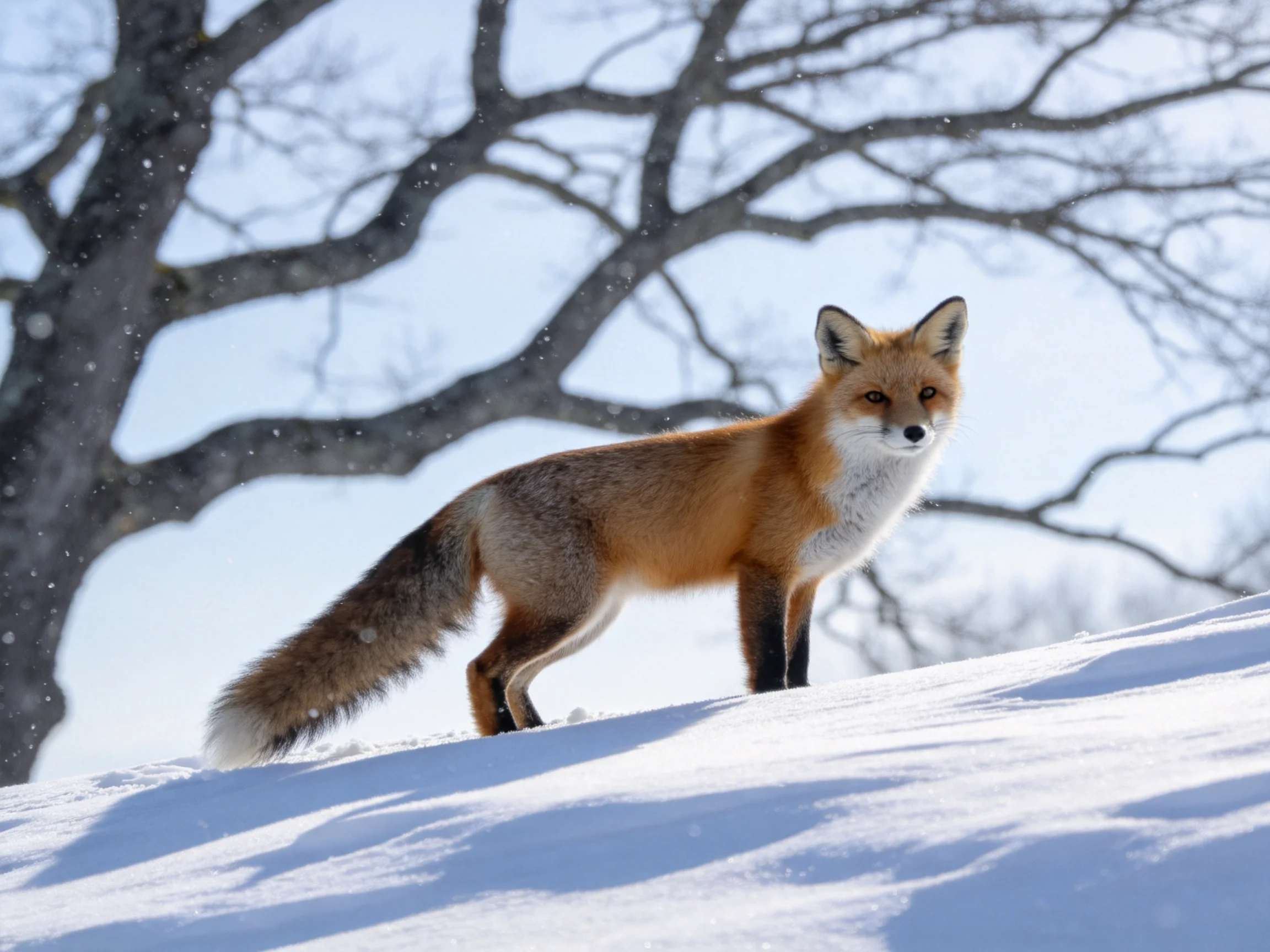 A reddish-brown fox stands on a snowy hillside near leafless trees