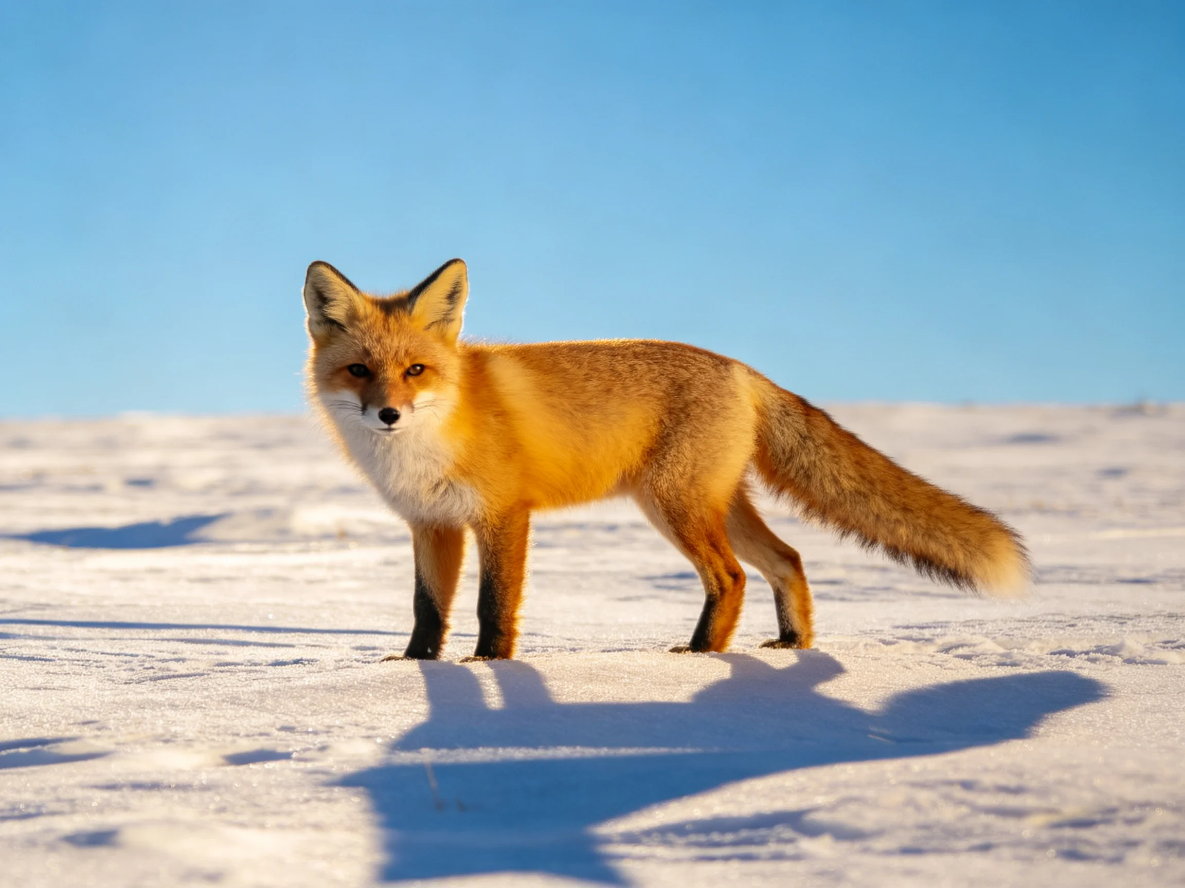 A reddish-brown fox stands on bright snow under a clear blue sky