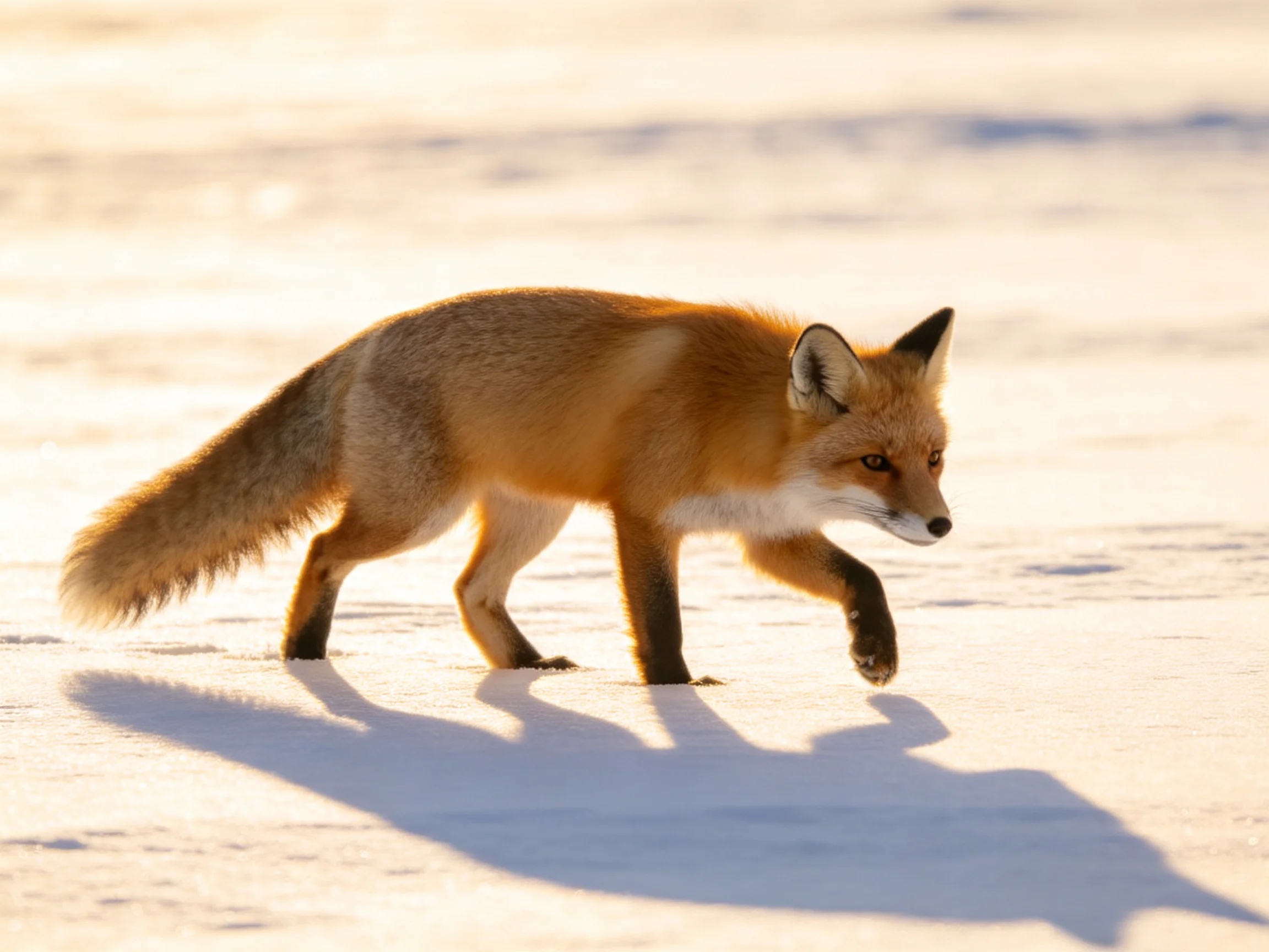 A reddish-brown fox walks on snow-lit terrain under golden sunlight