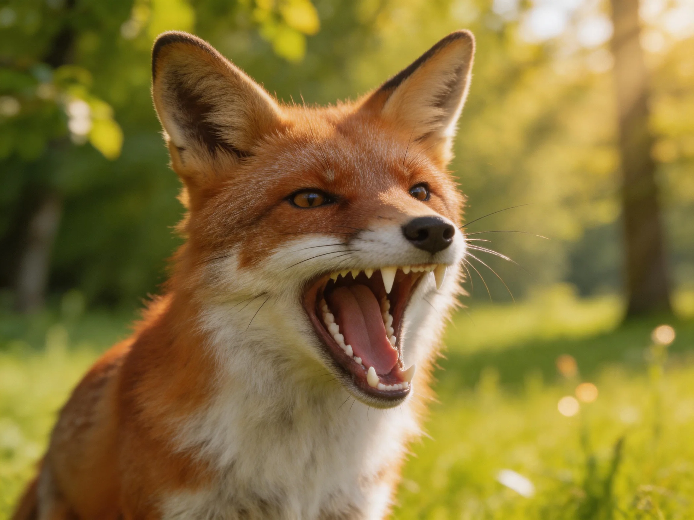 A reddish-brown fox yawning in a sunlit forest clearing