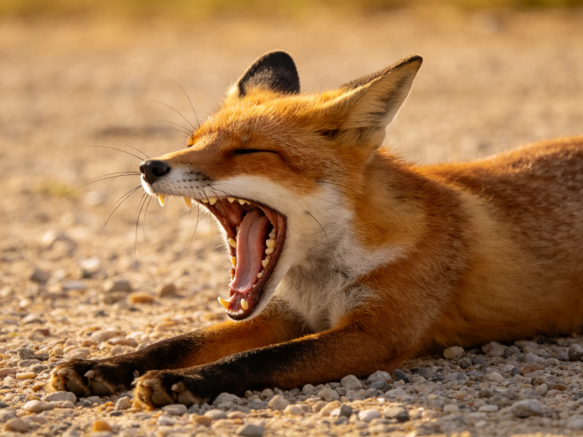 A reddish-brown fox yawning on a gravelly terrain