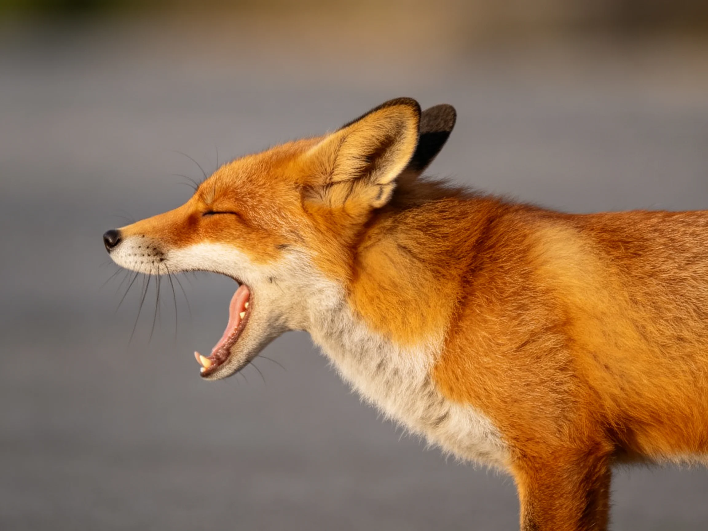 A reddish-brown fox yawns widely against a muted gray backdrop