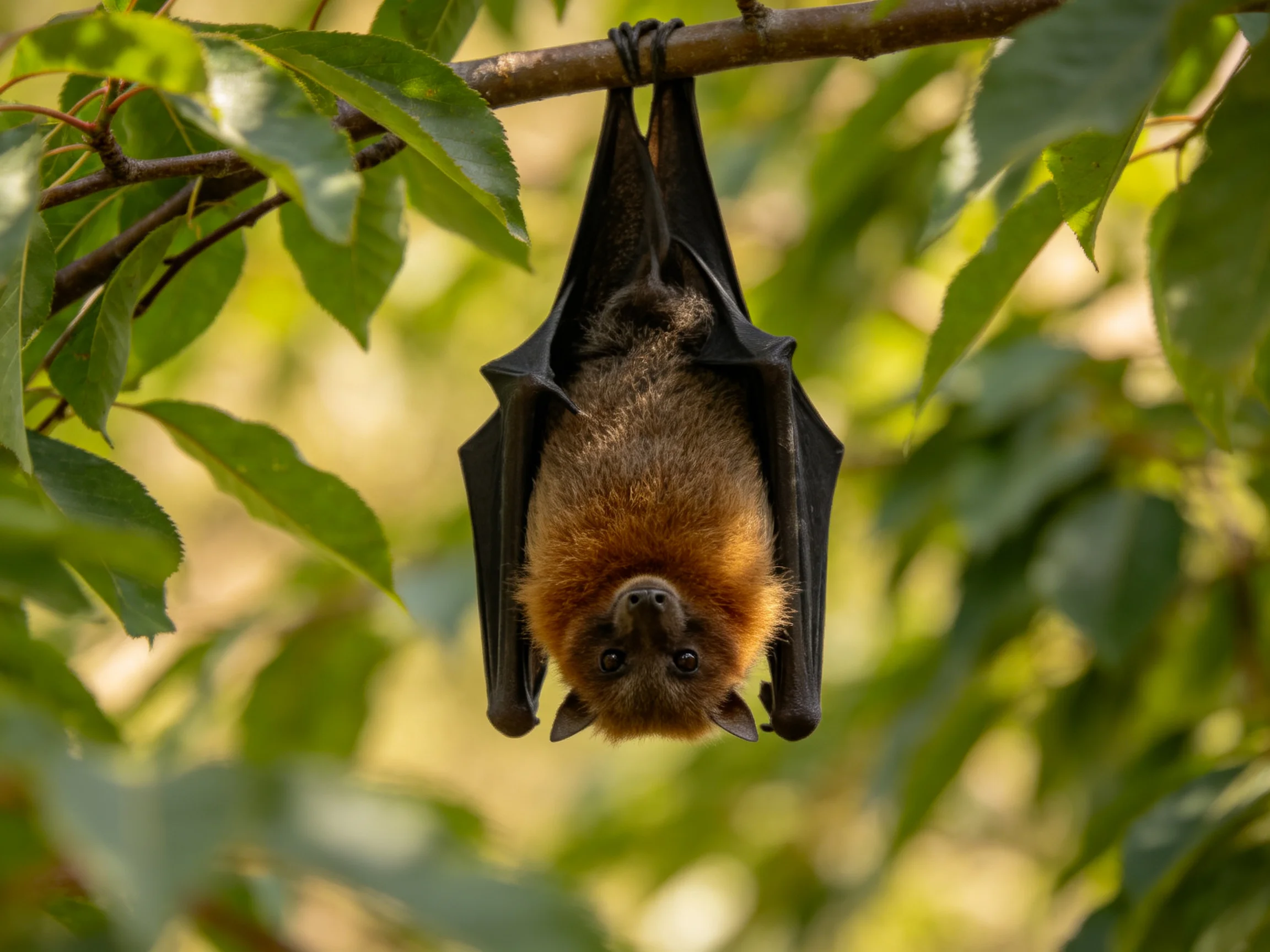 A reddish-brown fruit bat hangs upside down from a tree branch in a leafy environment.