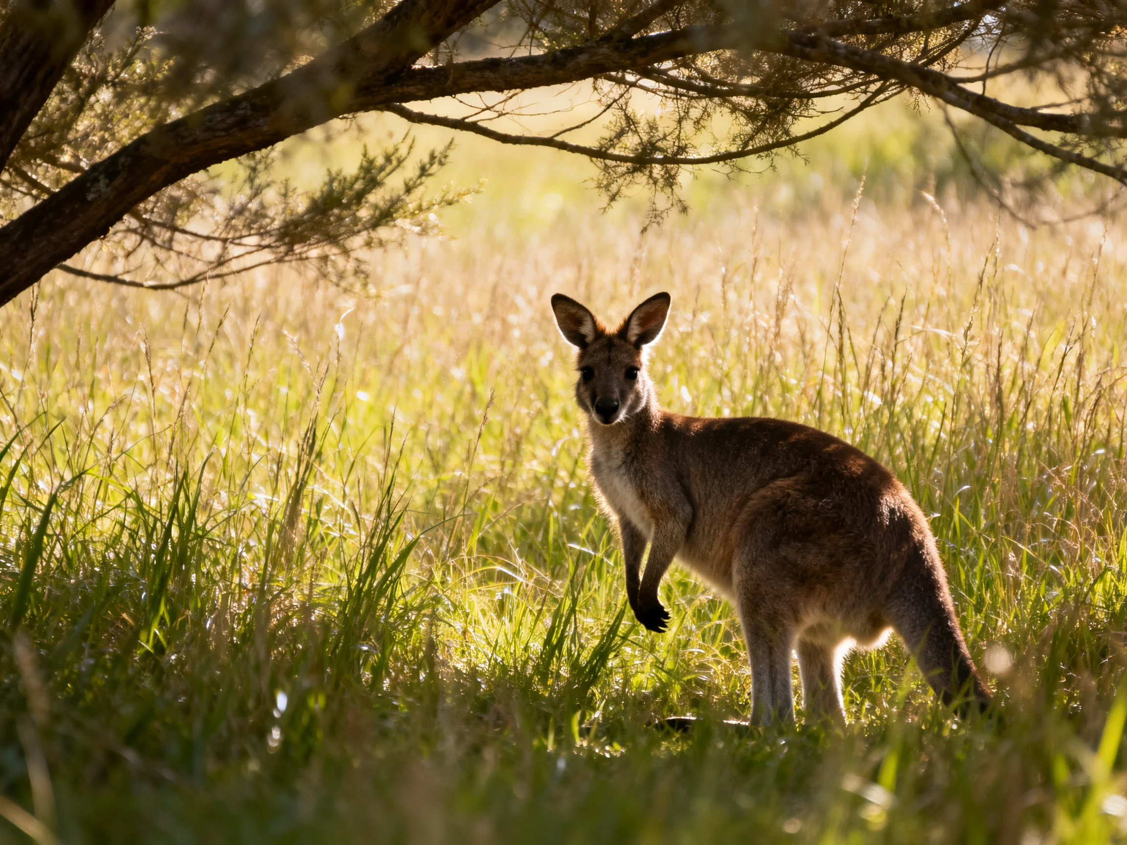 A kangaroo stands in a sunlit grassy field with trees nearby.