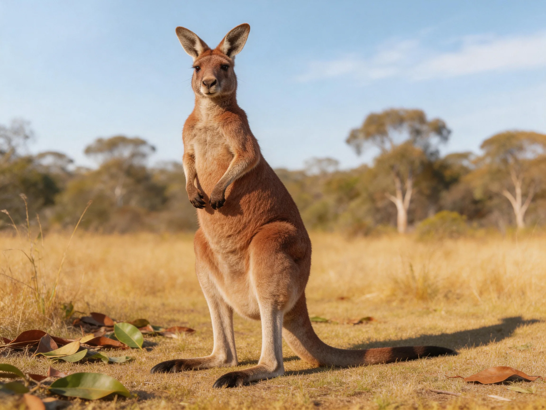A reddish-brown kangaroo stands in a sunlit grassy field with trees