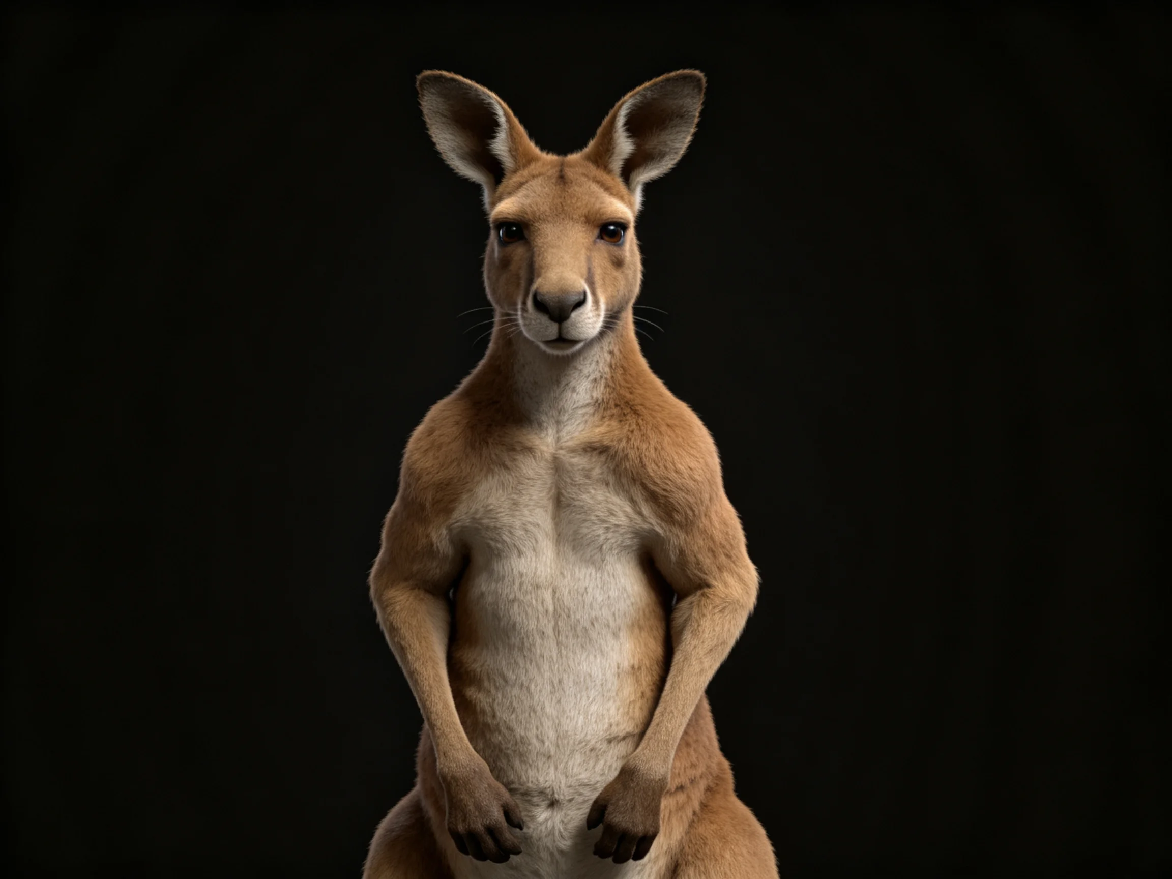 A reddish-brown kangaroo stands upright on a solid black backdrop.