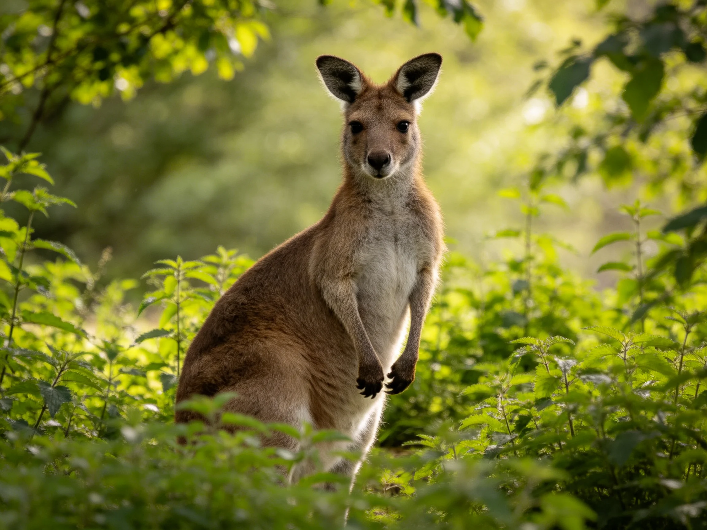 A kangaroo sits amid dense greenery in a sunlit natural environment.