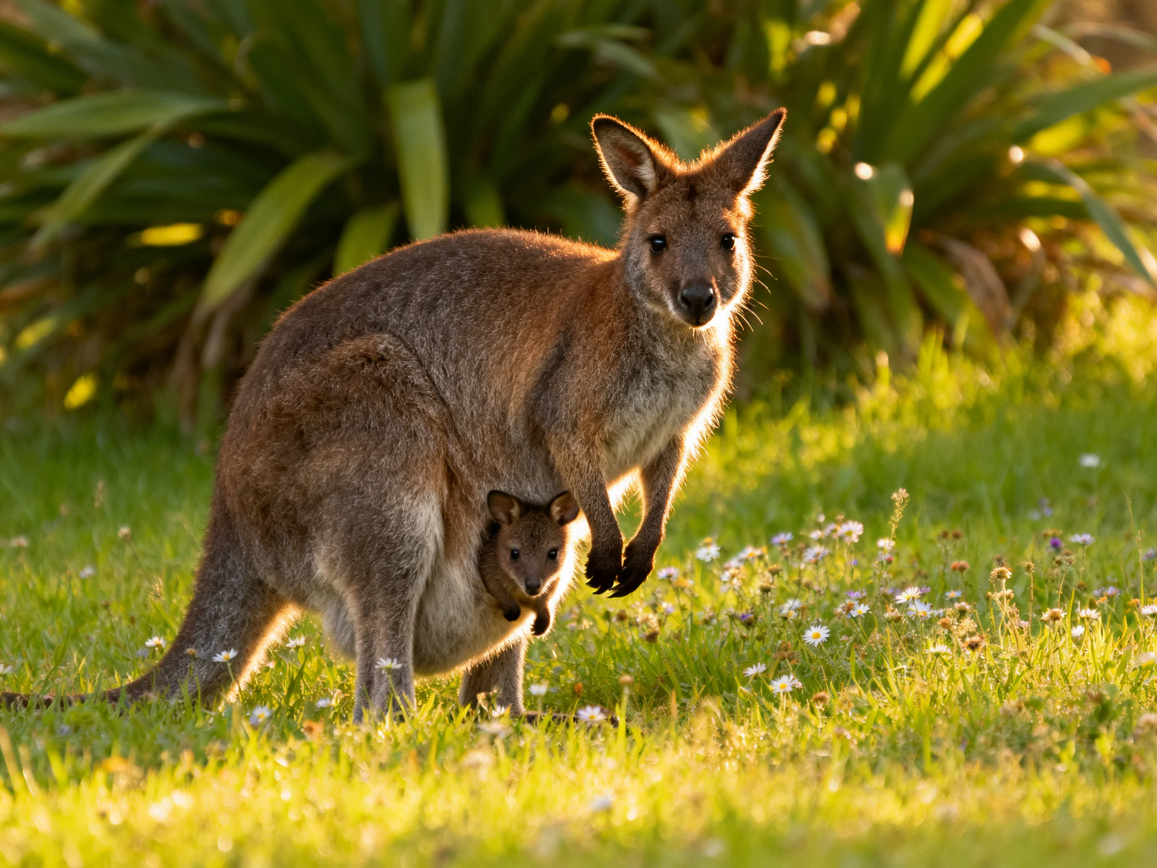 A kangaroo with a joey stands in a sunlit meadow of green grass.