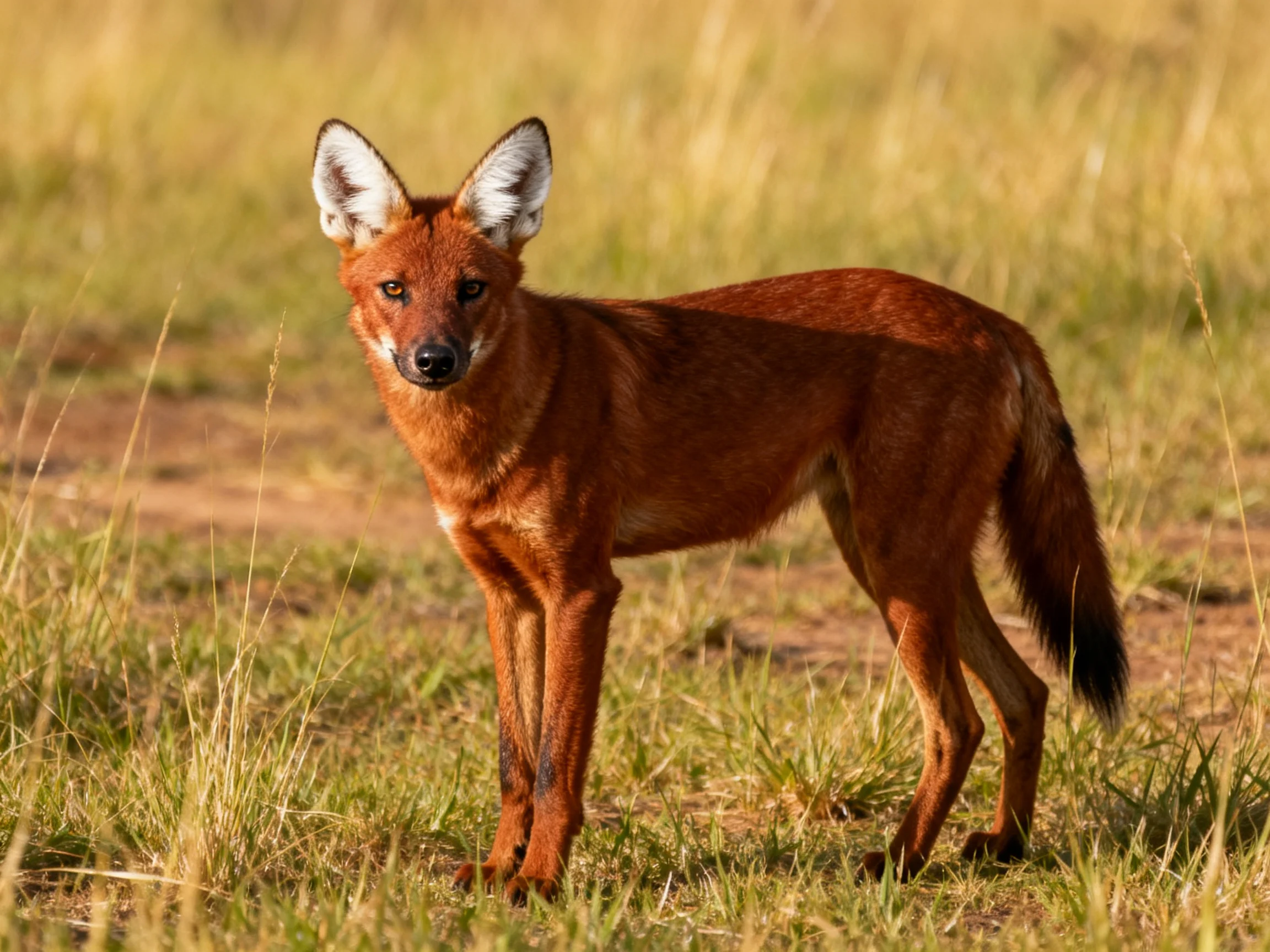 A maned wolf with reddish-brown fur stands in sunlit savannah grass.