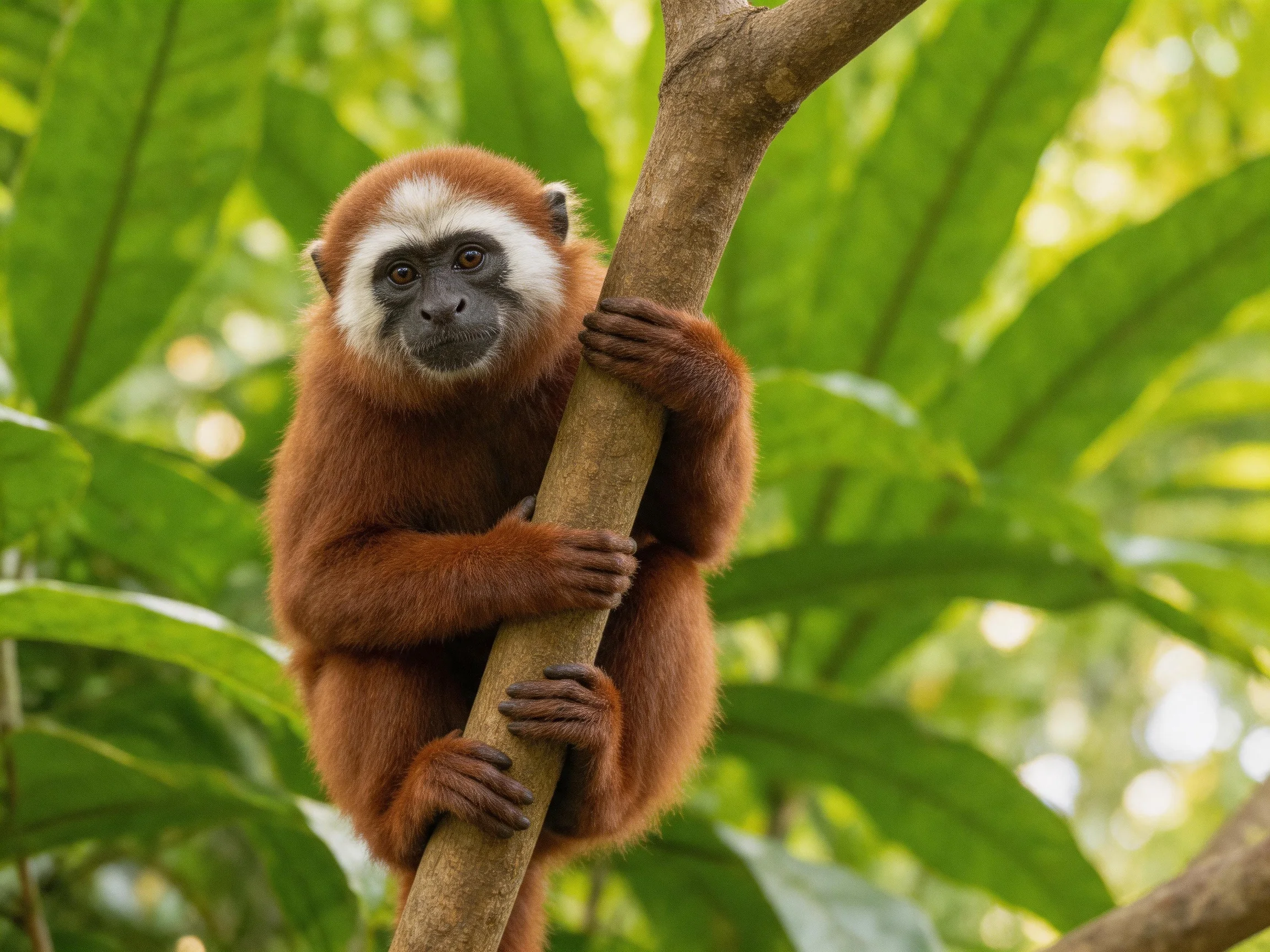 A reddish-brown monkey clings to a tree trunk amid lush green foliage
