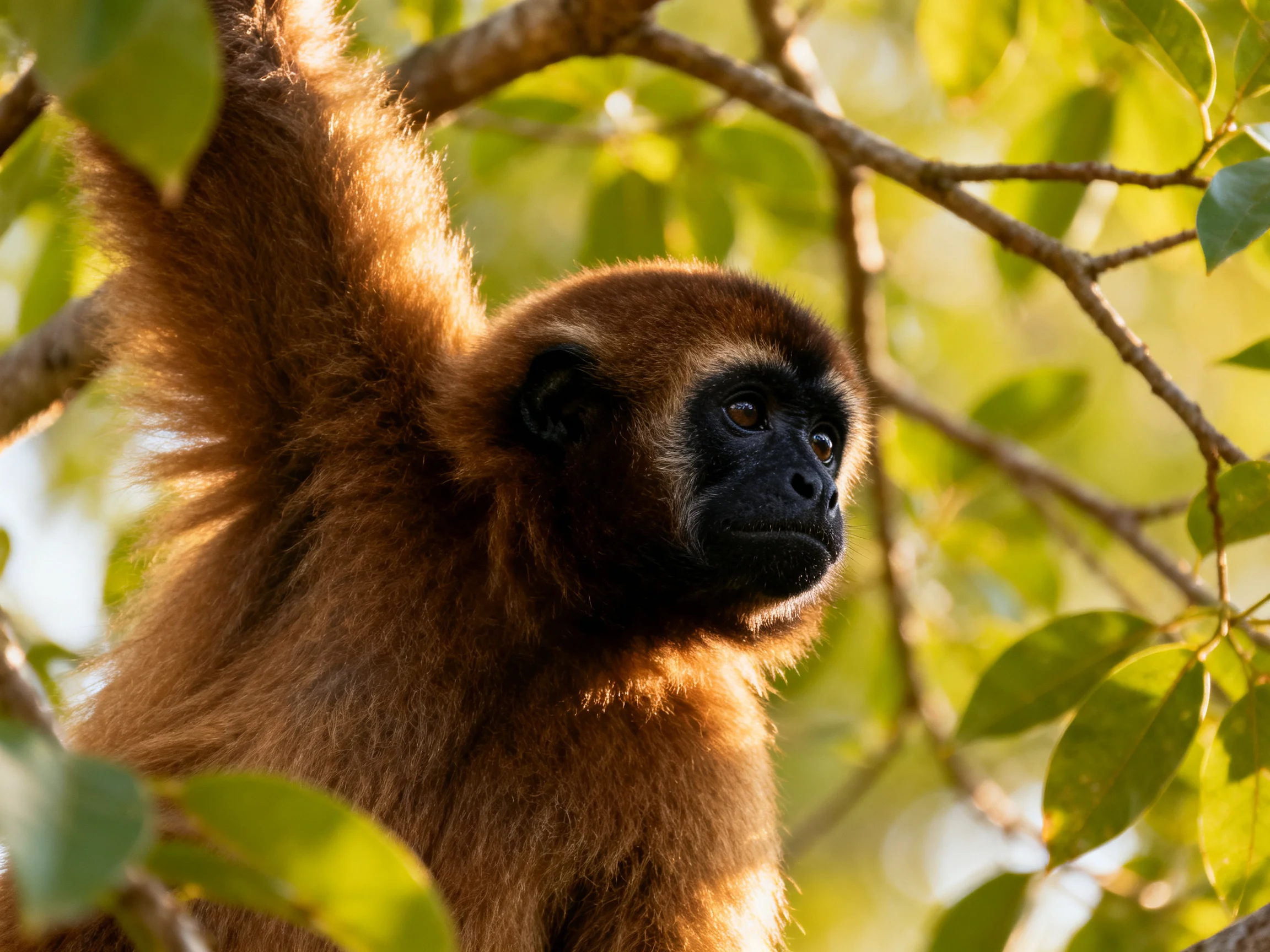 A reddish-brown monkey rests among green tree branches