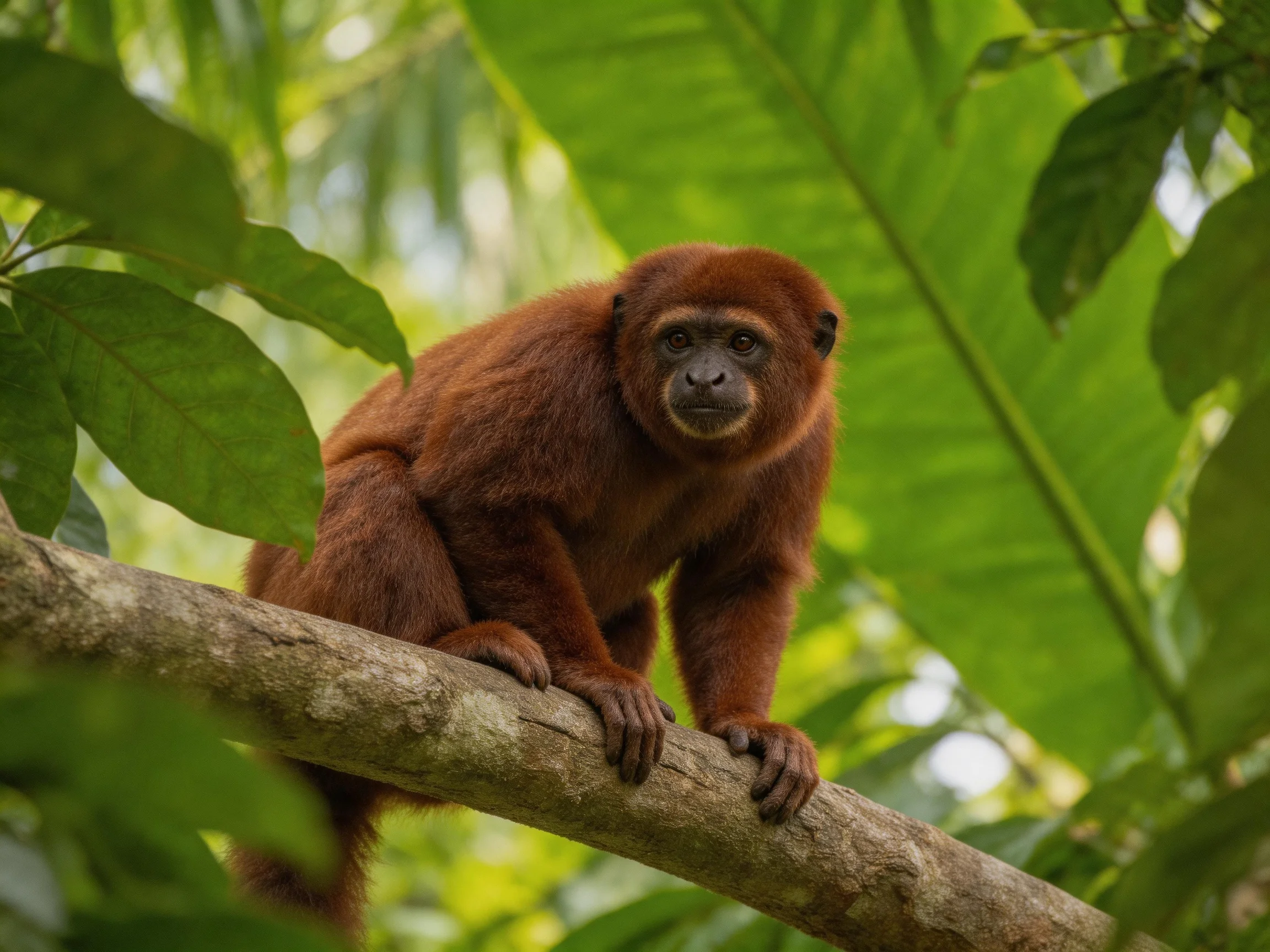 A reddish-brown monkey sits on a tree branch surrounded by large green leaves.
