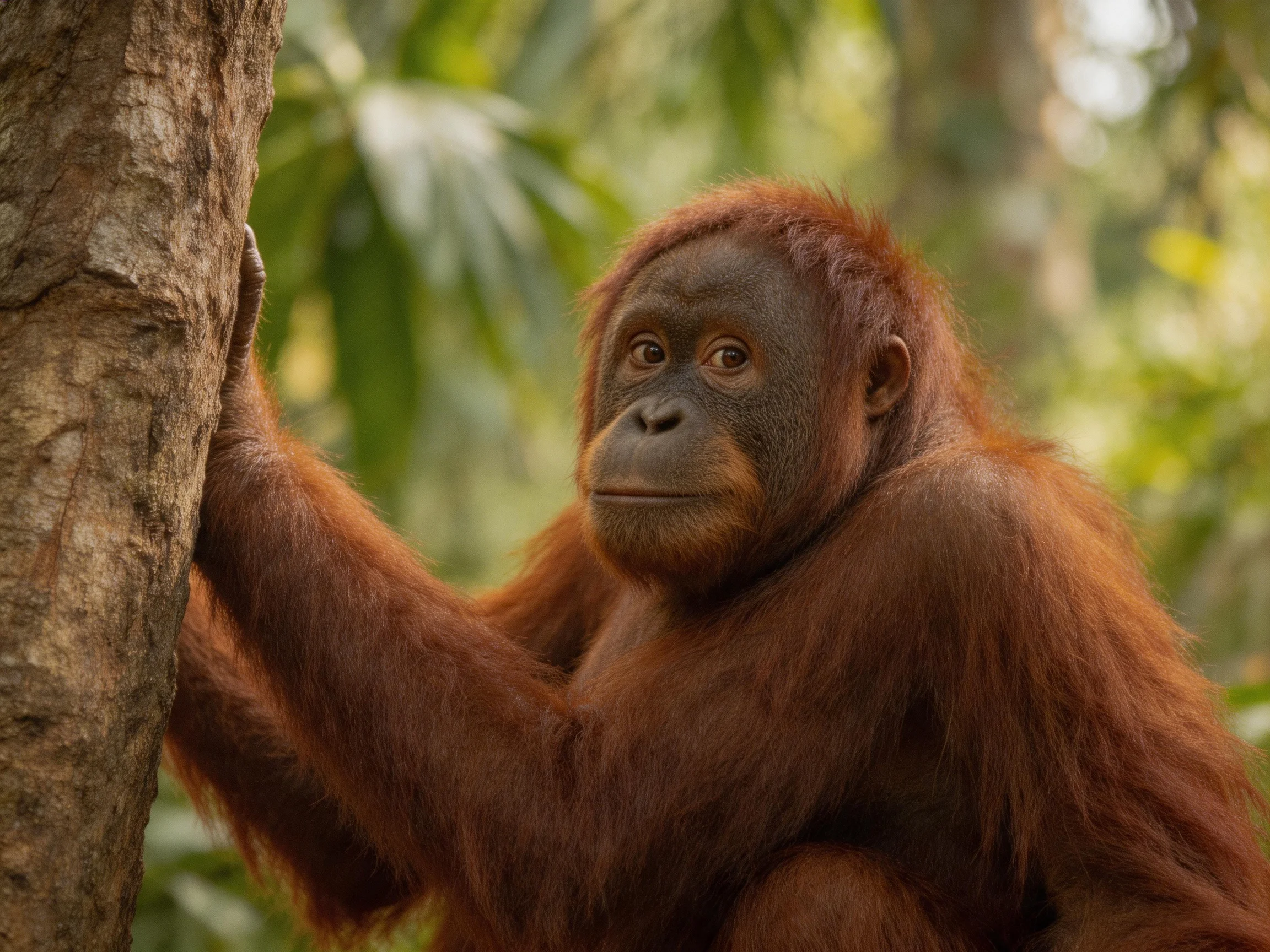 A reddish-brown orangutan clinging to a tree trunk amid dense foliage