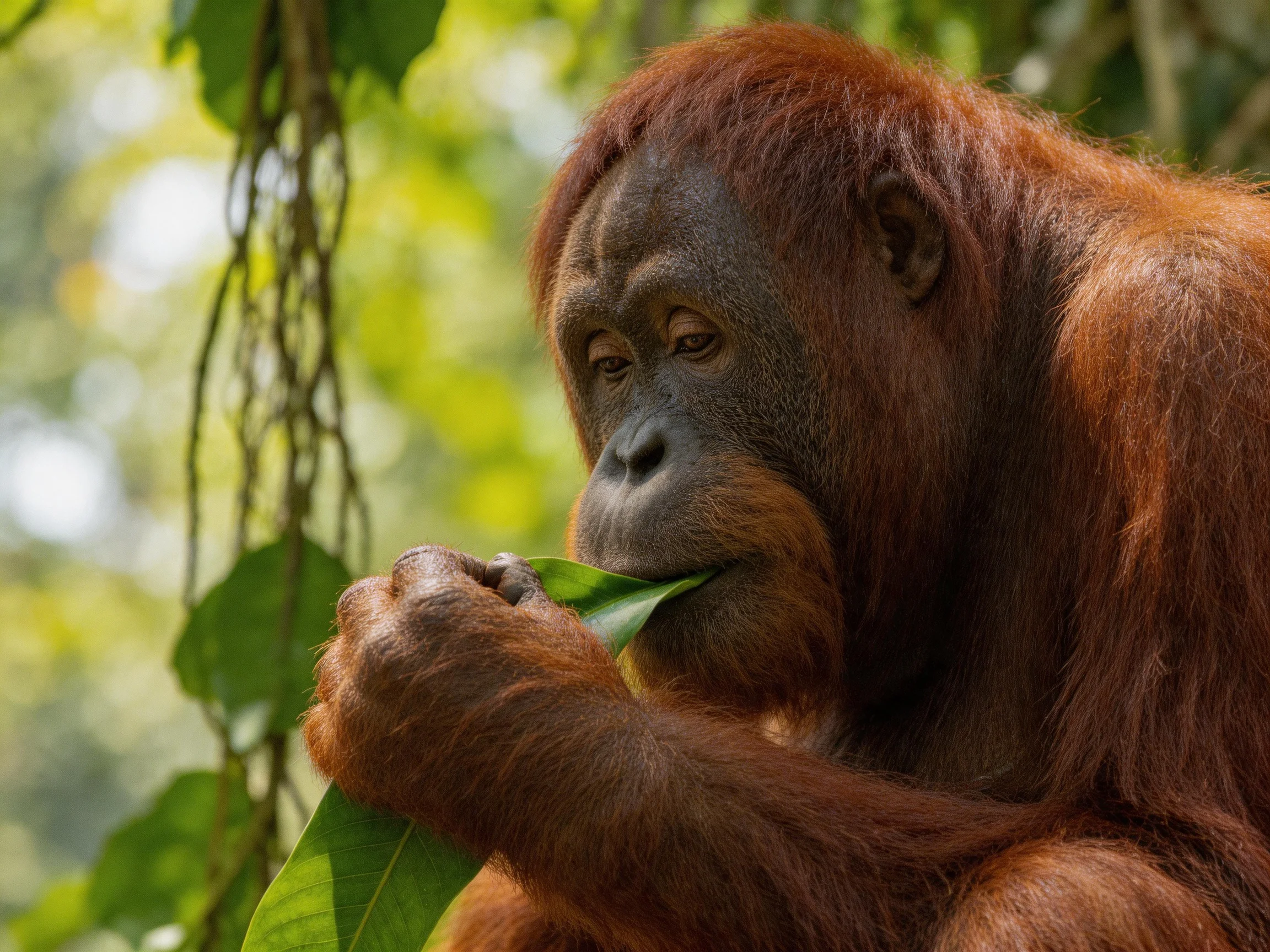 A reddish-brown orangutan eating large green leaves