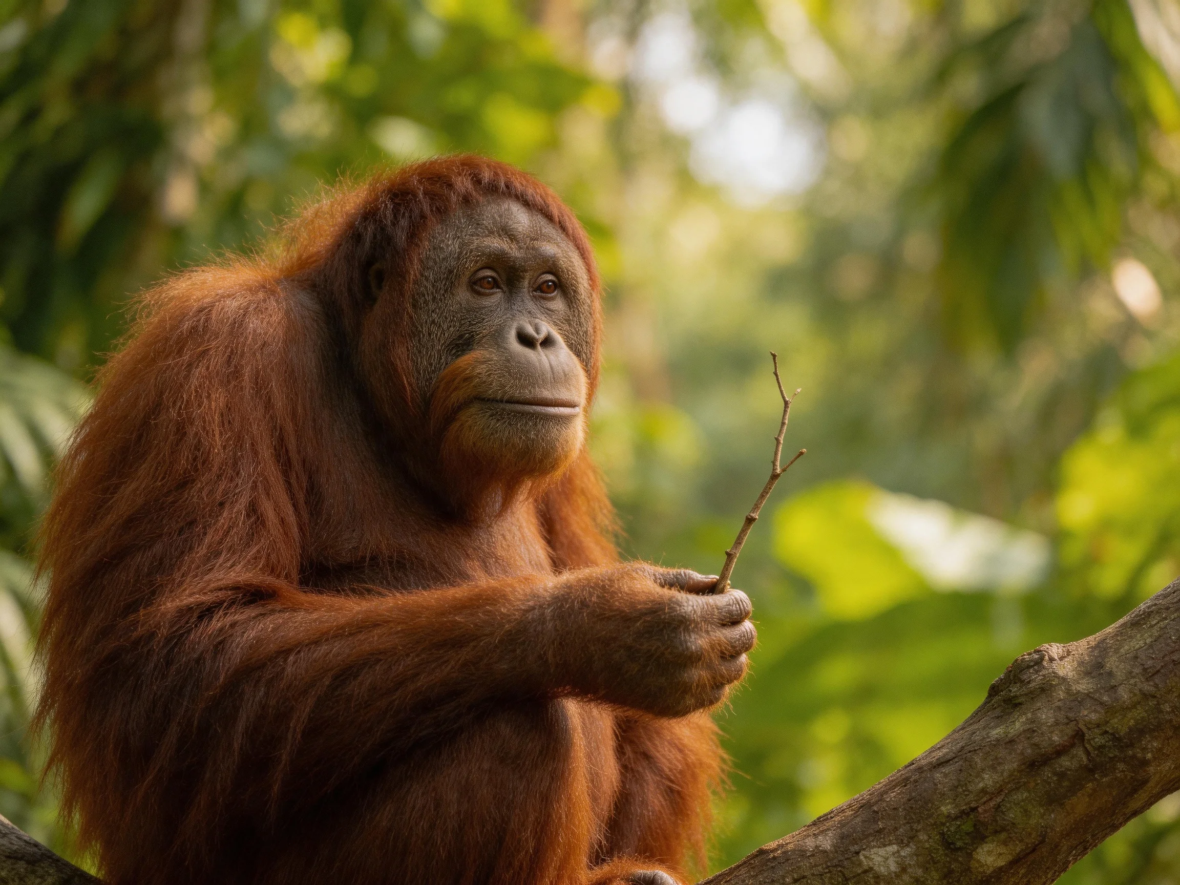 A reddish-brown orangutan holds a twig on a tree branch in lush jungle
