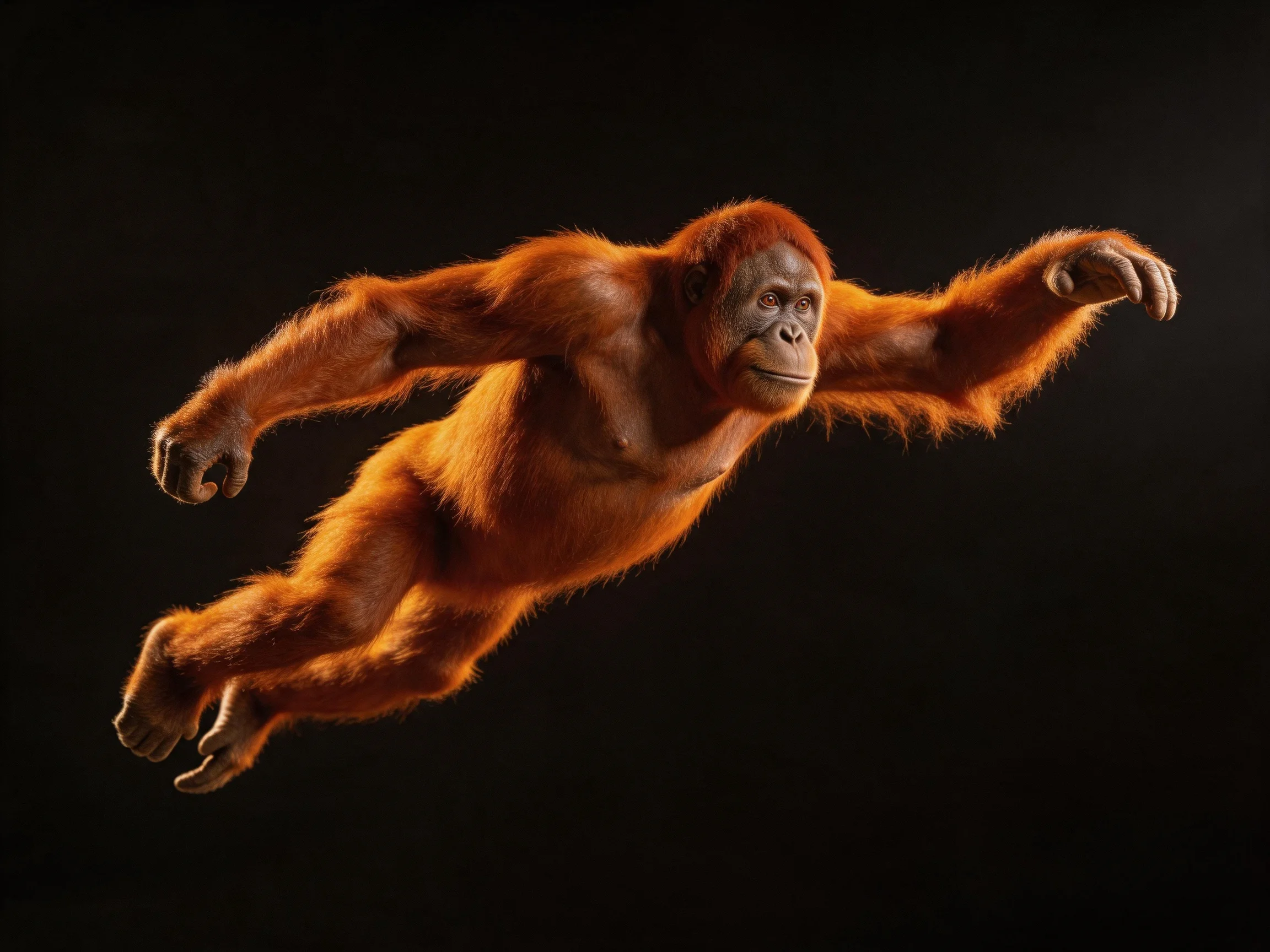 A reddish - brown orangutan leaps dynamically against a dark backdrop