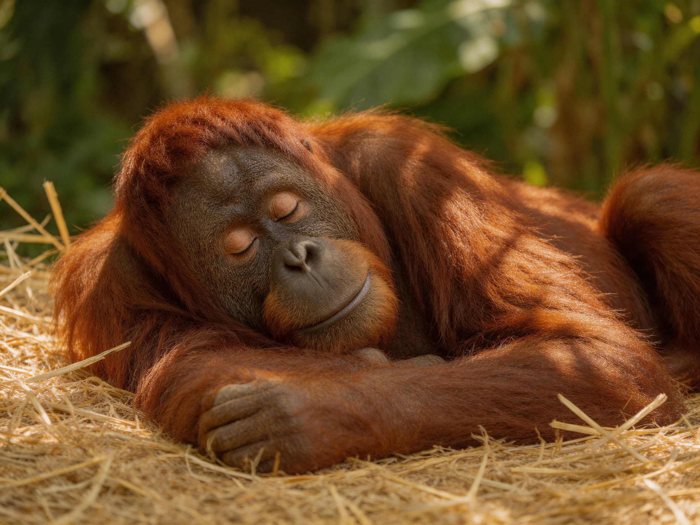 A reddish-brown orangutan resting on straw in a sunlit environment
