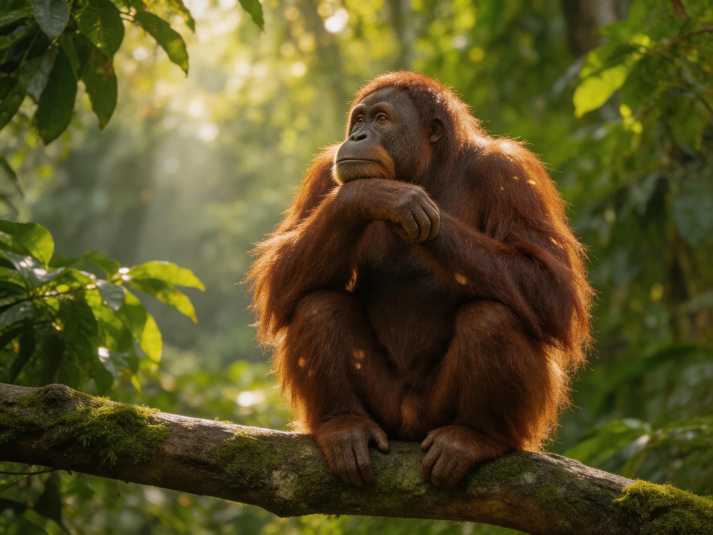 A reddish-brown orangutan sits on a mossy branch in a sunlit forest