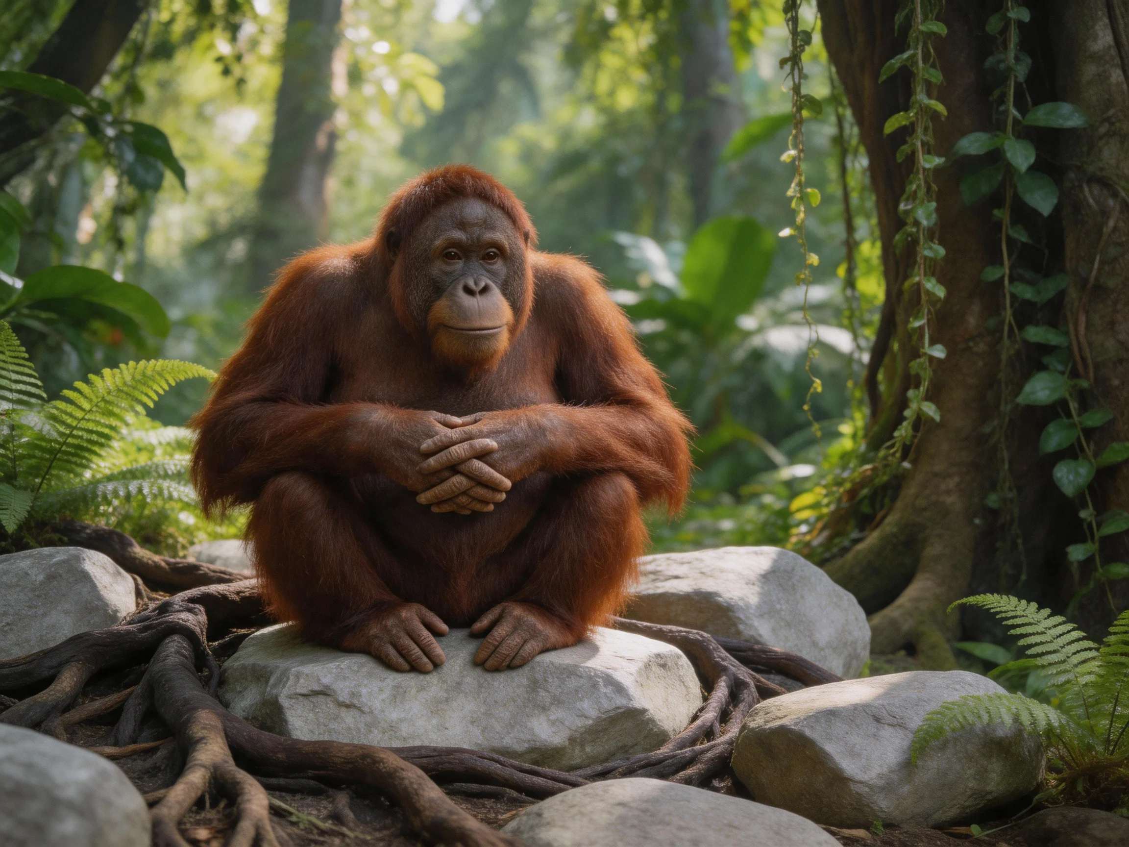 A reddish-brown orangutan sits on large rocks amid lush greenery