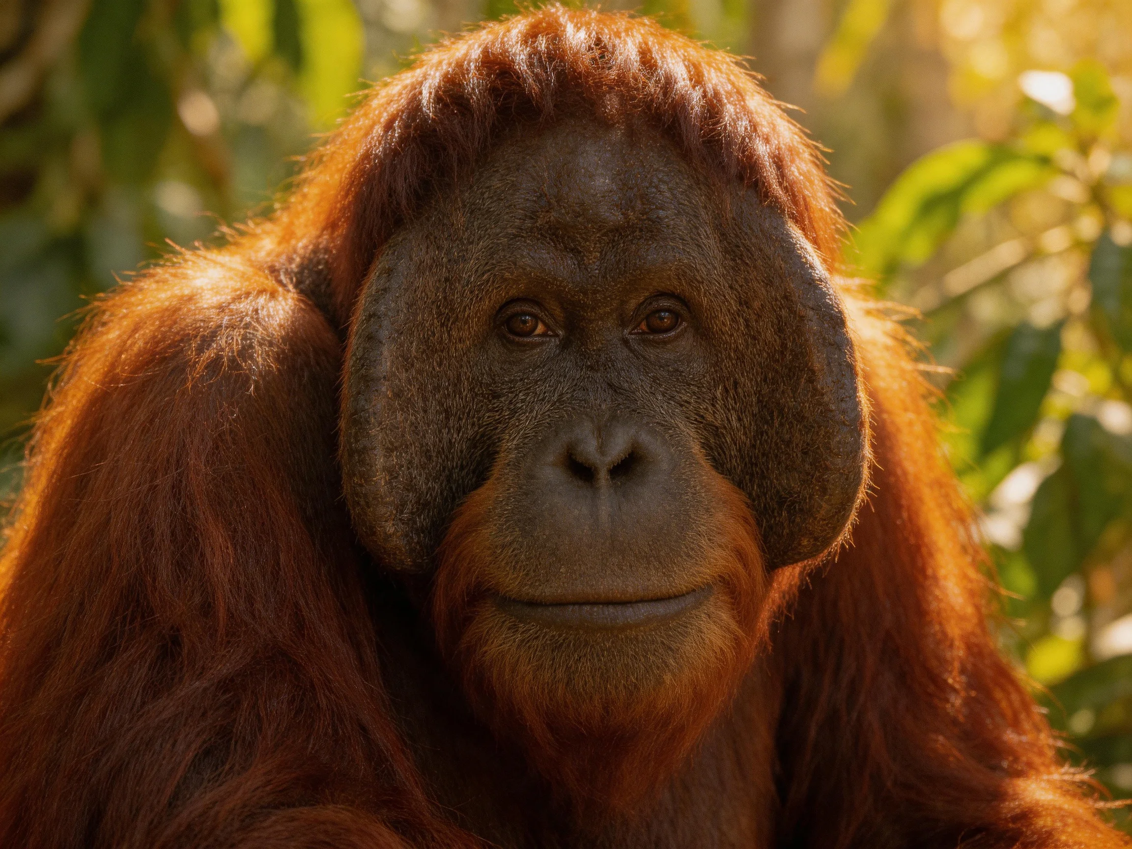 A reddish-brown orangutan with long fur in a sunlit forest