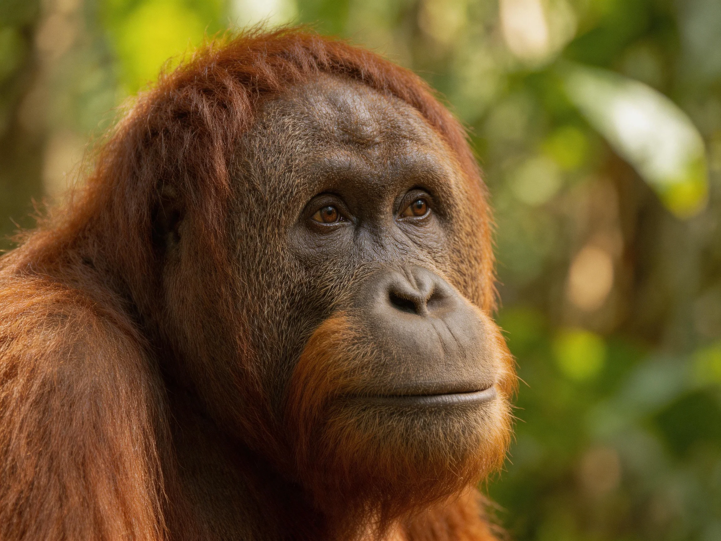 A reddish-brown orangutan with thick fur in a lush forest environment