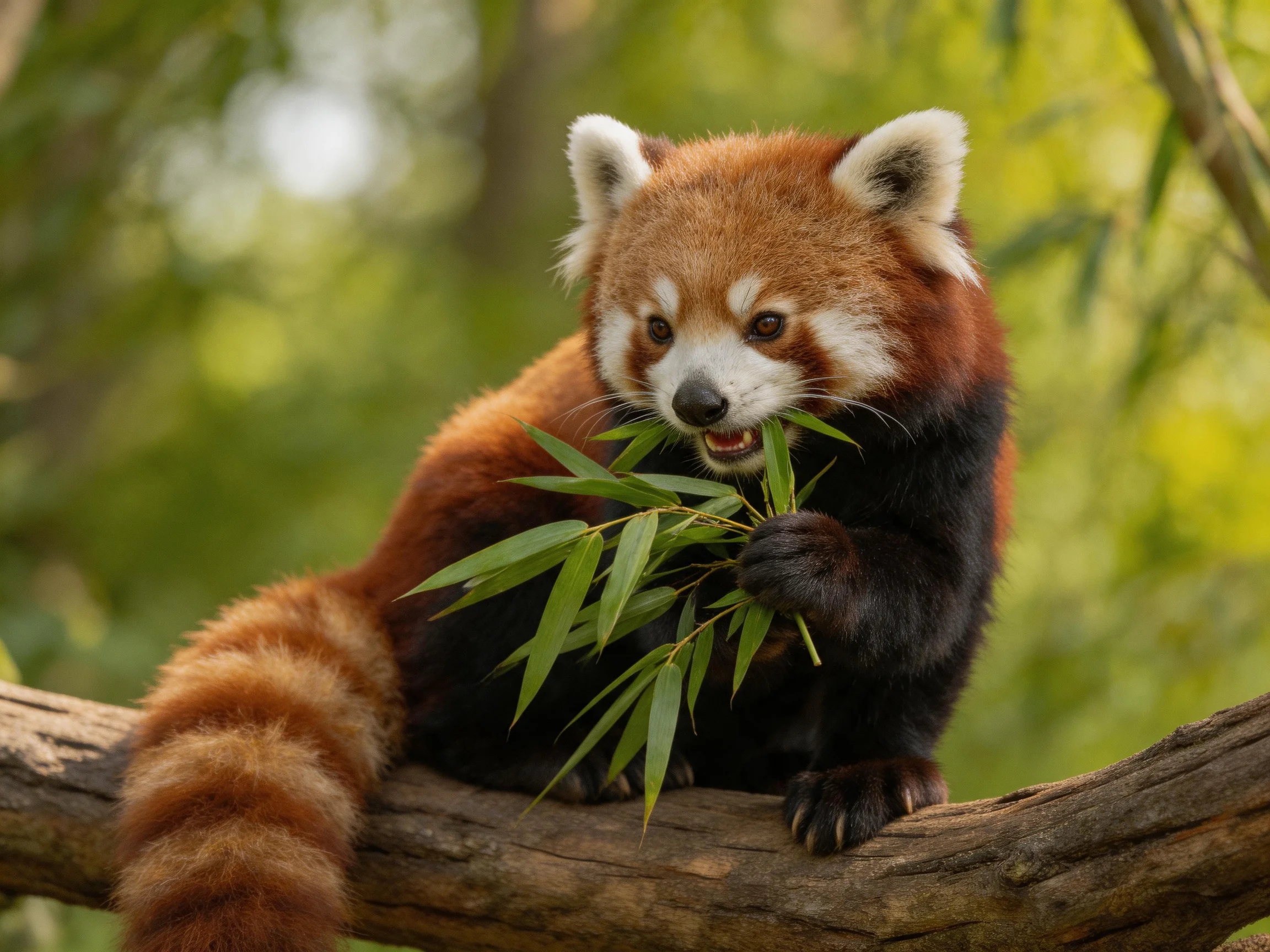 A reddish-brown panda eats bamboo on a wooden branch