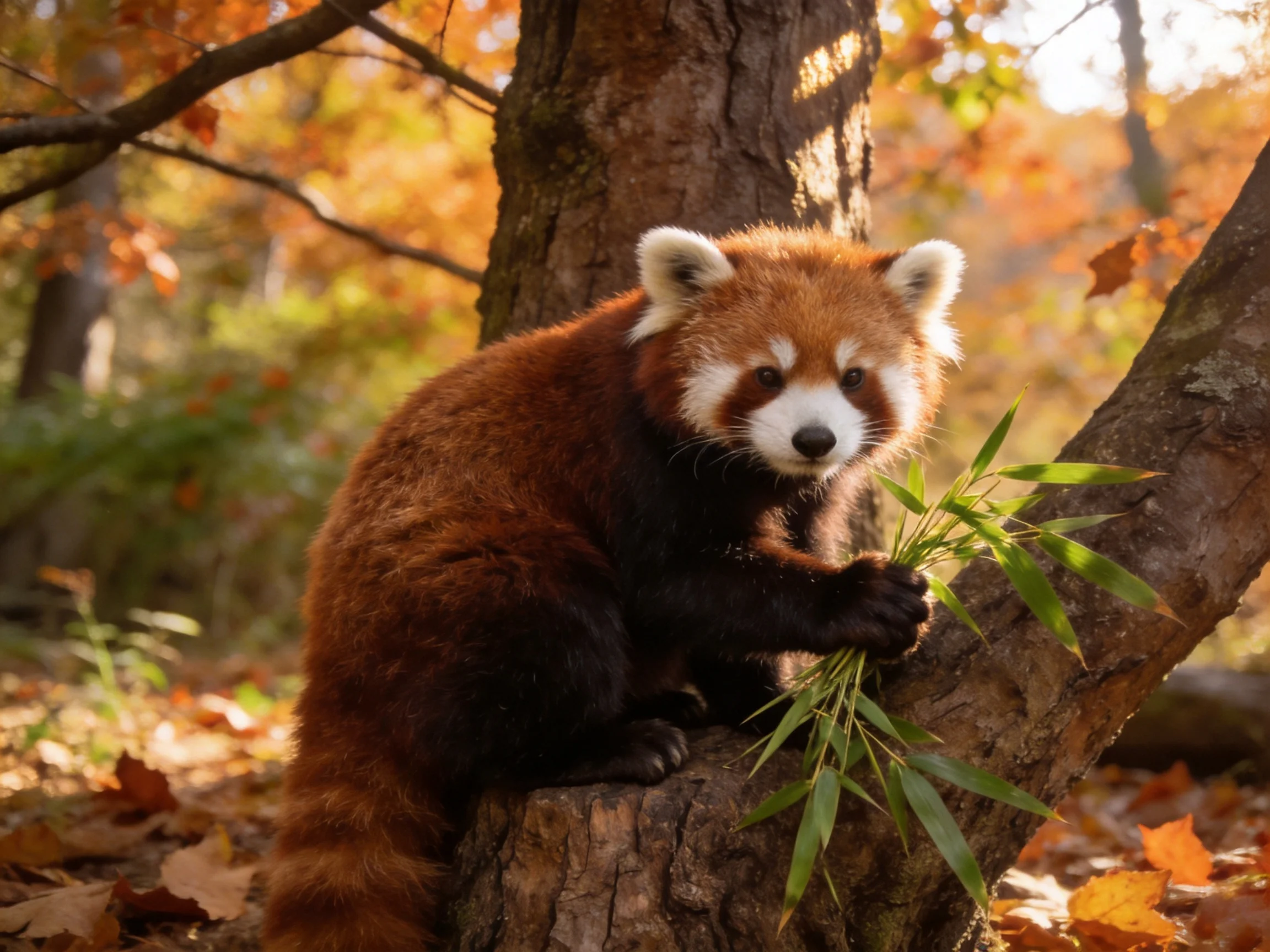A reddish-brown panda holds bamboo on a tree trunk in autumn forest