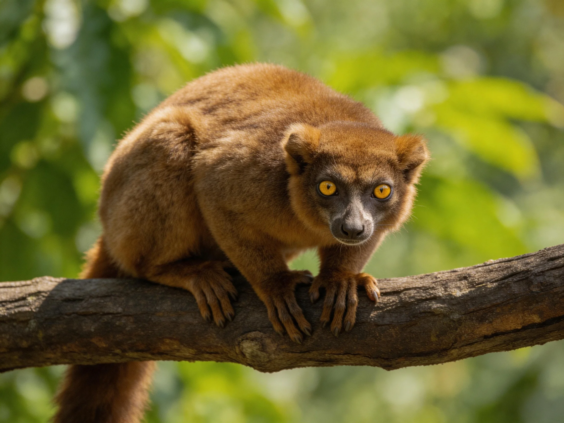 A reddish-brown primate perched on a thick tree branch