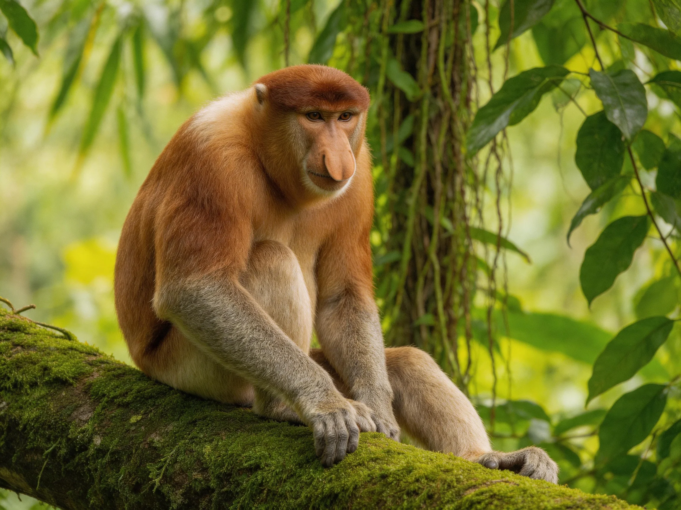 A proboscis monkey sits calmly on a mossy branch in a lush, green forest.