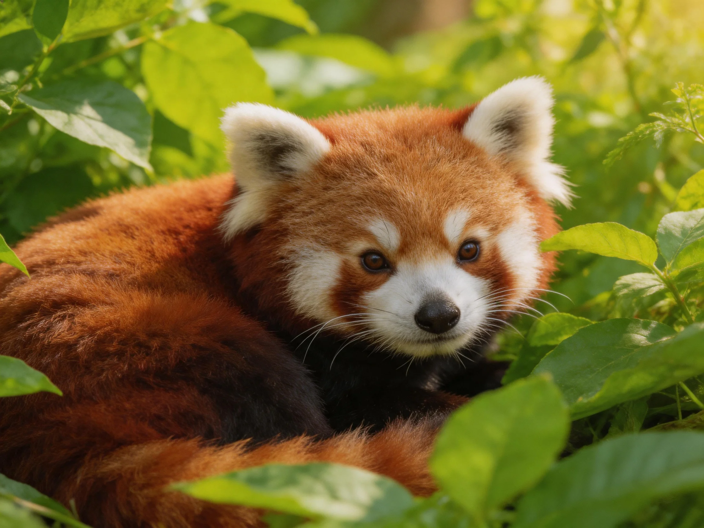 A reddish-brown red panda nestled among lush green foliage