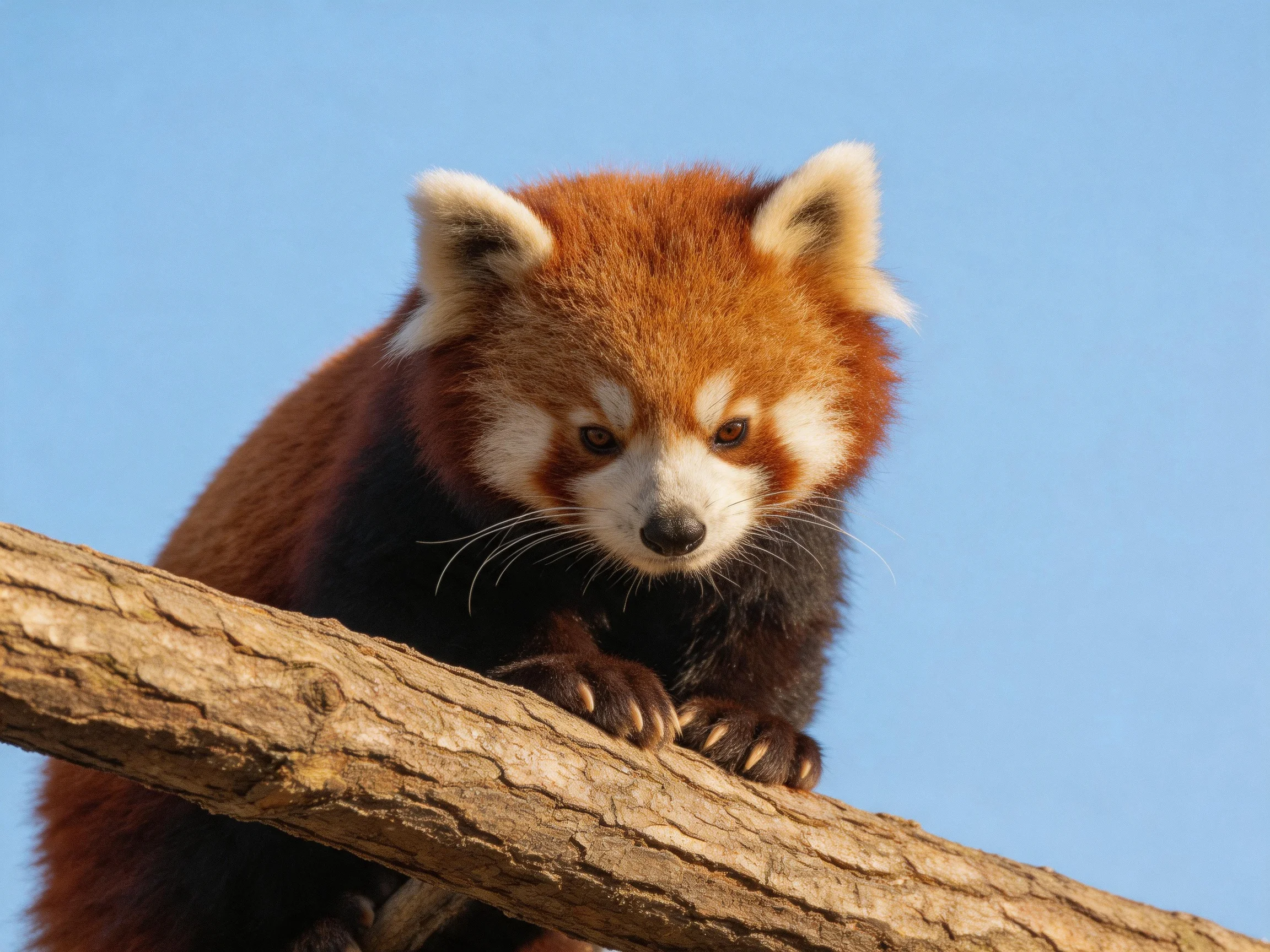 A red panda sits atop a wooden branch with a clear blue sky in the background.