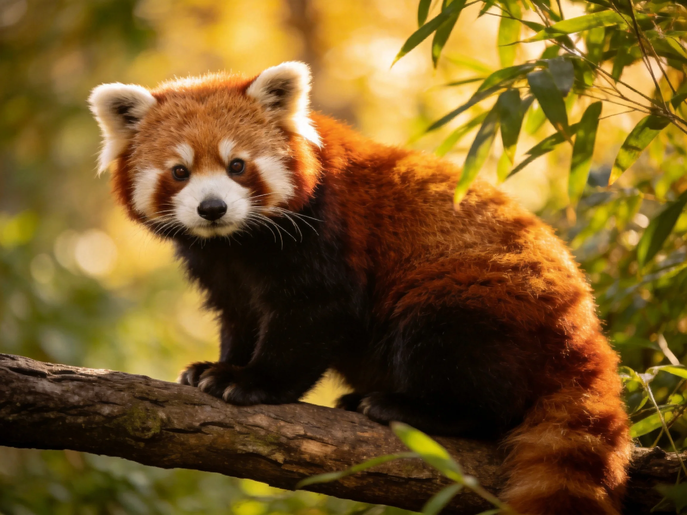 A reddish-brown red panda perched on a tree branch amidst lush green foliage